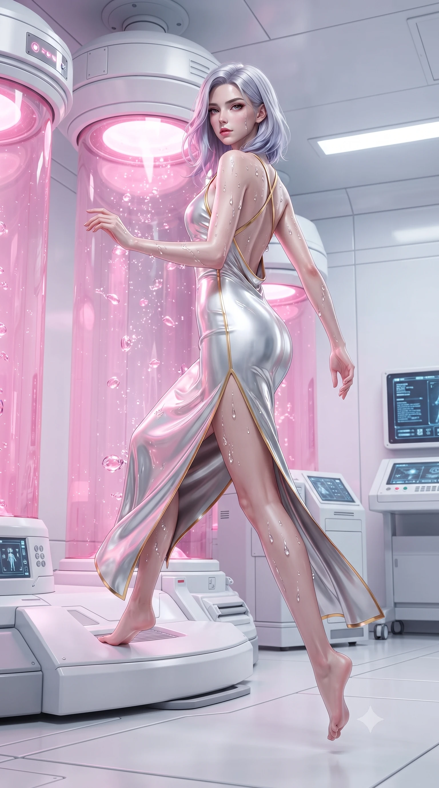 score_9, masterpiece, best quality, ultra-detailed, high-budget anime keyframe, editorial fashion photography, tasteful artistic composition, Caucasian woman. low angle full-body shot from head to toe showing her feet, filling the entire 9:16 vertical frame with her statuesque presence, stretching her vertical silhouette. performing an alluring mid-air vault with flawless poise, looking directly into the camera with regal, divine intensity while stepping gracefully out of a soaring crystal incubator cylinder filled with glowing pink nanotech stasis fluid. The surrounding environment is rendered in vivid detail and crisp panoramic clarity. high-key pristine laboratory luxury and cyber-genesis aesthetics captured with environmental precision. She has an absolutely perfect, statuesque 8.5-heads proportion, an exceptionally tall and slender model-like female figure with impossibly long slender legs, a toned flat midriff, and an ultra-slim waist. sharp v-shaped jawline, high-bridge nose, intricate jewel-like eyes with depth, thick eyelashes, glossy lips with a natural sheen, flawlessly proportioned anatomical accuracy, strict slender model proportions, natural body alignment, perfectly sculpted long slender limbs, ultra-slim waistline, clean dynamic posture without body distortion. wearing a precision-fitted liquid jersey bodycon gown in radiant chrome and white, featuring an open cowl back and high side slit in pristine liquid pearl white and radiant solar gold trim, crafted from ultra-reflective second-skin liquid metal with a mirror-like polish, complemented by criss-cross back straps highlighting her completely bare spine, the sleek second-skin cut tightly hugging her graceful clavicle, narrow waist, and feminine curves with athletic precision. illuminated by sparkling fluid droplet refractions and crisp specular highlights tracing her slender curves. ultra-reflective glossy finish, specular highlights, dark metallic sheen, high-contrast stereoscopic depth, volumetric dynamic lighting, 2k, ultra detail, master piece, 9:16 ratio