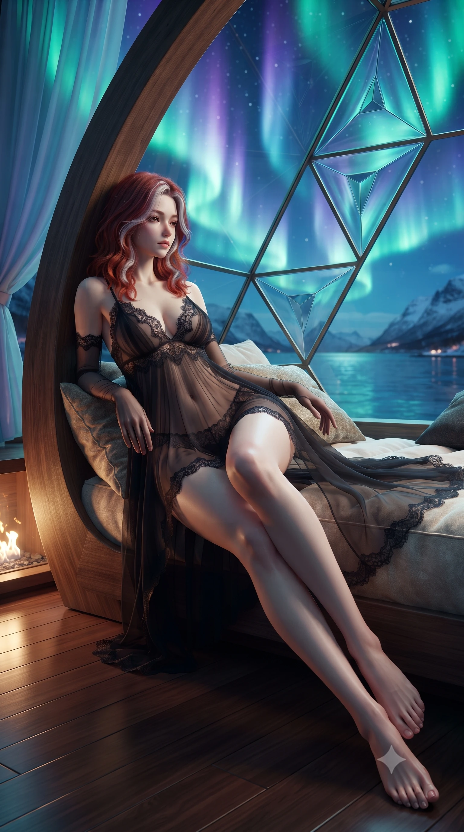score_9, masterpiece, best quality, ultra-detailed, high-budget anime keyframe, editorial fashion photography, tasteful artistic composition, Caucasian woman. low angle full-body shot from head to toe showing her feet, filling the entire 9:16 vertical frame with her statuesque presence, stretching her vertical silhouette. lounging on the lavish daybed with legs crossed and hips angled toward the camera, displaying her toned midriff and long slender limbs with effortless siren poise while leaning against the curved timber support beam with hips cocked back, looking through transparent triangles with heavy-lidded bedroom-eyes. The background shows a soft-focus swirling curtains of brilliant emerald and violet Aurora Borealis illuminating moonlit fjord waters and snowy peaks blurred into jade, amethyst, and silver bokeh. She has an exceptionally tall and slender model-like 8.5-heads proportion, an ultra-slim waist, a flat toned midriff, narrow delicate ribcage, and beautifully sculpted feminine hips creating a graceful, slim hourglass silhouette without any bulky heaviness, with impossibly long slender legs. sharp v-shaped jawline, high-bridge nose, intricate jewel-like sparkling eyes with depth, thick eyelashes, glossy parted lips with a natural peach sheen, bright cheerful beaming smile with an enchanting and coquettish sensual glint, exuding both youthful cute charm and seductive allure, flawlessly proportioned anatomical accuracy, strict slender model proportions, natural body alignment, perfectly sculpted long slender limbs, ultra-slim waistline, clean dynamic posture without body distortion. wearing a form-contouring sheer pleated georgette baby-doll slip with plunging sweetheart neckline and scalloped lace trim in deep midnight obsidian black and liquid champagne gold, made of sheer gossamer chiffon that drapes softly against skin with airy translucence, complemented by sheer opera-length evening gloves tracing her slender arms, the glove-like clinging cut tightly following the natural contour of her hips and long slender legs with youthful 8.5-heads elegance. bathed in the ethereal 5000K emerald-cyan luminescence of the Northern Lights mixed with warm 2200K interior hearth glows. ultra-reflective glossy finish, specular highlights, rich textural contrasts, high-contrast stereoscopic depth, volumetric dynamic lighting, 2k, ultra detail, master piece, 9:16 ratio