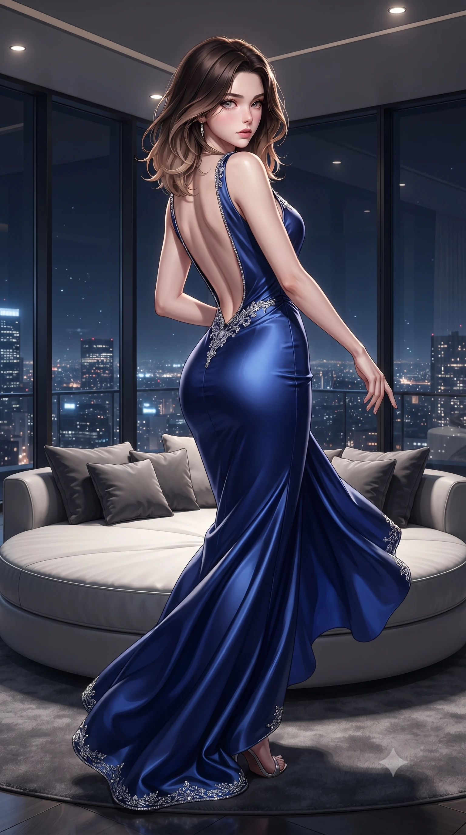 score_9, masterpiece, best quality, ultra-detailed, high-budget anime keyframe, editorial fashion photography, tasteful artistic composition, Korean woman. low angle full-body shot from head to toe showing her feet, filling the entire 9:16 vertical frame with her statuesque presence, stretching her vertical silhouette. executing an elegant mid-motion pivot turn as garments swirl around her slender limbs, glancing over her shoulder with an intoxicating bedroom-gaze while stretching languidly across an oversized circular lounge daybed, spine arched as warm midnight city light illuminates her sculpted hip silhouette. The surrounding environment is rendered in vivid detail and crisp panoramic clarity. sleek modern luxury chiaroscuro and futuristic skyline elegance rendered with environmental precision. She has an absolutely perfect, statuesque 8.5-heads proportion, an exceptionally tall and slender model-like female figure with impossibly long slender legs, a toned flat midriff, an ultra-slim waist, and beautifully sculpted feminine hips. sharp v-shaped jawline, high-bridge nose, intricate jewel-like eyes with depth, thick eyelashes, glossy parted lips with a natural sheen, intensely captivating and seductive bedroom-eyes expression, flawlessly proportioned anatomical accuracy, strict slender model proportions, natural body alignment, perfectly sculpted long slender limbs, ultra-slim waistline, clean dynamic posture without body distortion. wearing a liquid silk jersey evening gown with an ultra-deep plunging open back descending to the base of her spine and a sculpted hip-hugging skirt in royal sapphire blue and brushed platinum, made of fluid silk crepe with delicate inner corsetry boning, finished with delicate crystal embroidery along the neckline and hem, the glove-like aerodynamic silhouette tightly following the natural contour of her hips and long slender legs with statuesque precision. illuminated by crisp directional edge lights sharply sculpting her slender waist and curvy feminine hips. ultra-reflective glossy finish, specular highlights, rich textural contrasts, high-contrast stereoscopic depth, volumetric dynamic lighting, 2k, ultra detail, master piece, 9:16 ratio