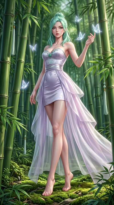 score_9, masterpiece, best quality, ultra-detailed, high-budget anime keyframe, semi-realistic 3D game render, editorial fashion photography, tasteful artistic composition, Japanese woman. low angle full-body shot from head to toe showing her feet, f