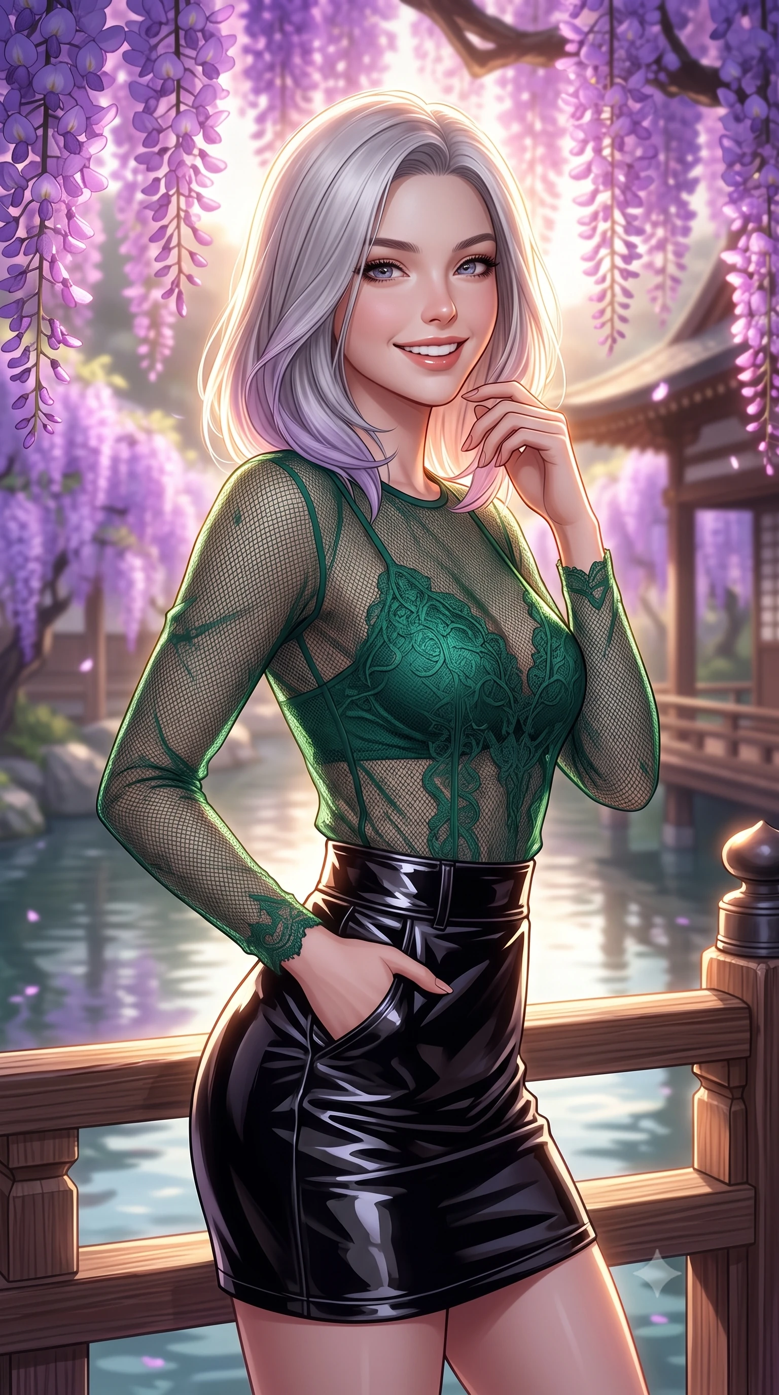 score_9, masterpiece, best quality, ultra-detailed, high-budget anime keyframe, editorial fashion photography, tasteful artistic composition, Caucasian woman, strictly human ears. close-up cowboy shot from the waist and thighs up, the character dominates the composition, filling the frame with her large presence, background elements kept in soft focus. Casting a bright, energetic glance toward the camera with a cheerful grin. set against a soft-focus background of in a traditional wooden shrine courtyard surrounded by giant wisteria trees with glowing purple flowers hanging over a calm, reflecting river. She has an exceptionally elegant, slender, and willowy female figure with a highly-defined ultra-slim waist, a gracefully sculpted slender torso, and a refined slim-fit silhouette that contours her form. sharp v-shaped jawline, high-bridge nose, intricate jewel-like eyes with depth, thick eyelashes, glossy lips with a natural sheen. wearing a see-through mesh top in emerald green with lace detailing, paired with a structured high-gloss black skirt. dramatic backlight creating a radiant halo effect around her entire silhouette. 2k, ultra detail, master piece, 9:16 ratio