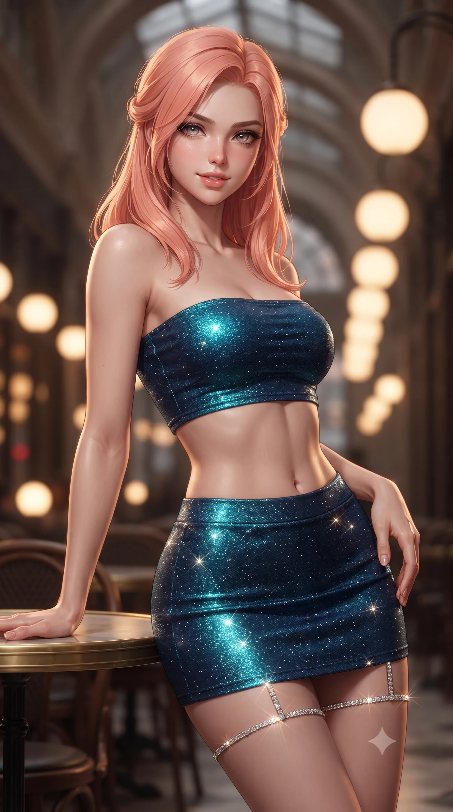 score_9, masterpiece, best quality, ultra-detailed, high-budget anime keyframe, editorial fashion photography, tasteful artistic composition, Japanese woman. close-up cowboy shot from the waist and thighs up, the character dominates the composition, filling the frame with her large presence. tilting her head with a teasing half-smile, running one hand slowly down the side of her hip in a flirtatious S-curve as ambient light caresses her silhouette while twisting her slender torso in an alluring S-curve beside the round brass-rimmed Thonet table, warm globe lamp light tracing her curves and flat midriff. The background shows a soft-focus soaring vaulted arch ribs, rows of glowing spherical milk-glass pendant lamps, and rain-washed Herrengasse streetlights blurred into amber, cream, and mahogany bokeh. She has an exceptionally elegant, slender, and willowy female figure with an ultra-slim waist, flat toned midriff, narrow ribcage, and sculpted feminine hips creating an alluring, slim hourglass silhouette without bulk. sharp v-shaped jawline, high-bridge nose, intricate jewel-like sparkling eyes with depth, thick eyelashes, glossy parted lips with a natural peach sheen, bright cheerful beaming smile with an enchanting and coquettish sensual glint, exuding both youthful cute charm and seductive allure, flawlessly proportioned anatomical accuracy, strict slender model proportions, natural body alignment, perfectly sculpted long slender limbs, ultra-slim waistline, clean dynamic posture without body distortion. wearing an ultra-cropped fitted bandeau top paired with a micro mini tennis skirt revealing her flat midriff in Singapore Marina Bay electric cyan and midnight sapphire, woven from stretch metallic lurex jersey casting radiant starlight glints across her curves, finished with delicate crystal-encrusted thigh garter straps glinting in the dim light, the form-contouring silhouette accentuating her sculpted flat midriff, narrow delicate ribcage, and gracefully curvy hips with intoxicating allure. illuminated by polished marble reflection fill and sharp copper-gold rim lights defining her razor-sharp jawline, narrow waist, and curvy hips. ultra-reflective glossy finish, specular highlights, rich textural contrasts, high-contrast stereoscopic depth, volumetric dynamic lighting, 2k, ultra detail, master piece, 9:16 ratio