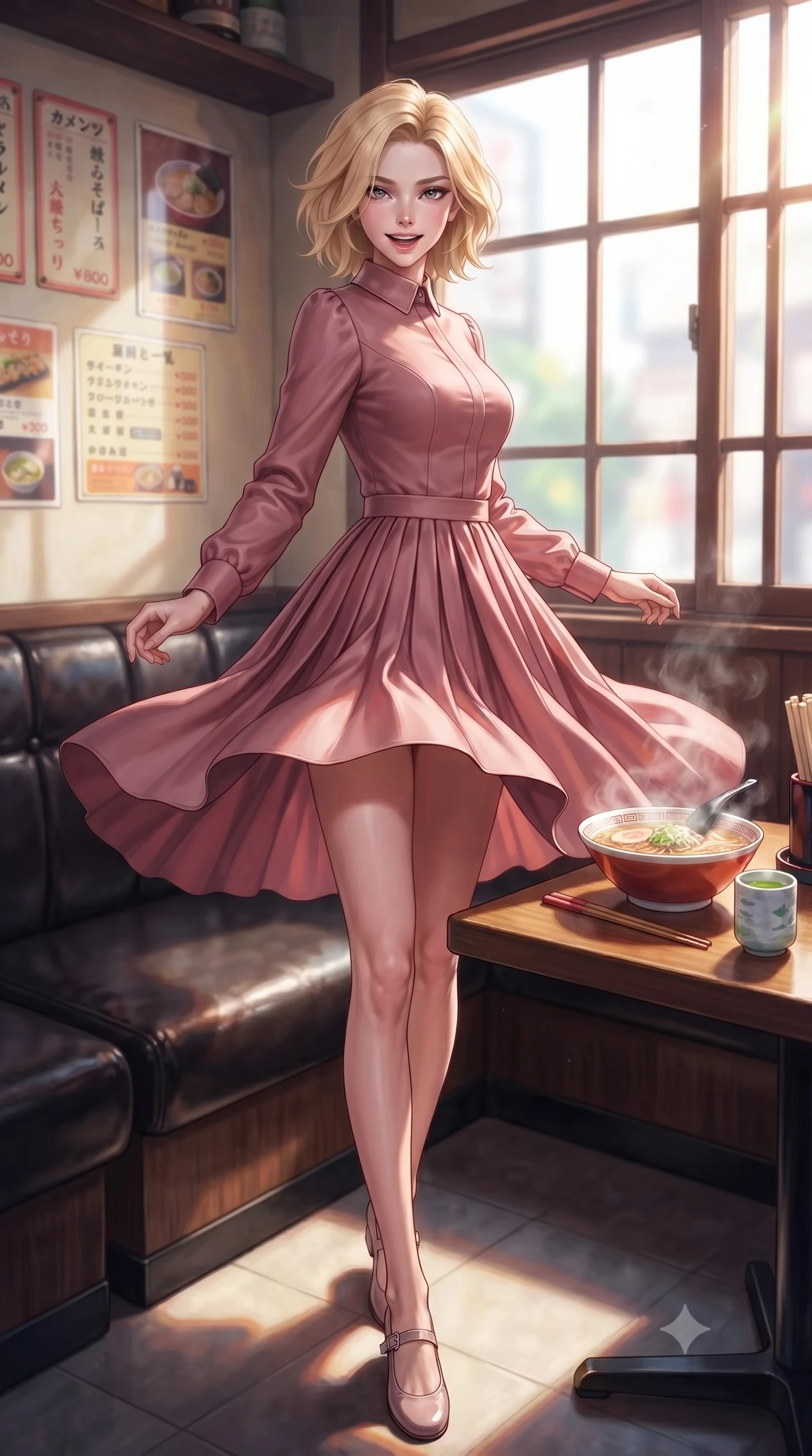 score_9, masterpiece, best quality, ultra-detailed, high-budget anime keyframe, editorial fashion photography, tasteful artistic composition, Caucasian woman. low angle full-body shot from head to toe showing her feet, filling the entire 9:16 vertical frame with her statuesque presence, stretching her vertical silhouette. twirling around with a playful, cute laugh, her skirt billowing beautifully in the air set against a soft-focus background of in a cozy traditional diner corner with leather booths and vintage menus with a steaming bowl of ramen and a small cup of hot green tea nearby. She has an absolutely perfect, statuesque 8.5-heads proportion, an exceptionally tall and slender model-like female figure with impossibly long slender legs and an ultra-slim waist. sharp v-shaped jawline, high-bridge nose, intricate jewel-like eyes with depth, thick eyelashes, glossy lips with a natural sheen. wearing tailored lovely long-sleeve midi dress in dusty rose, featuring a high collar and pleated skirt. bright afternoon sunlight streaming through the large window pane. highly saturated vibrant anime colors, detailed shading with soft gradients, rich glossy textures, high-contrast stereoscopic depth, volumetric dynamic lighting, master piece, 9:16 ratio