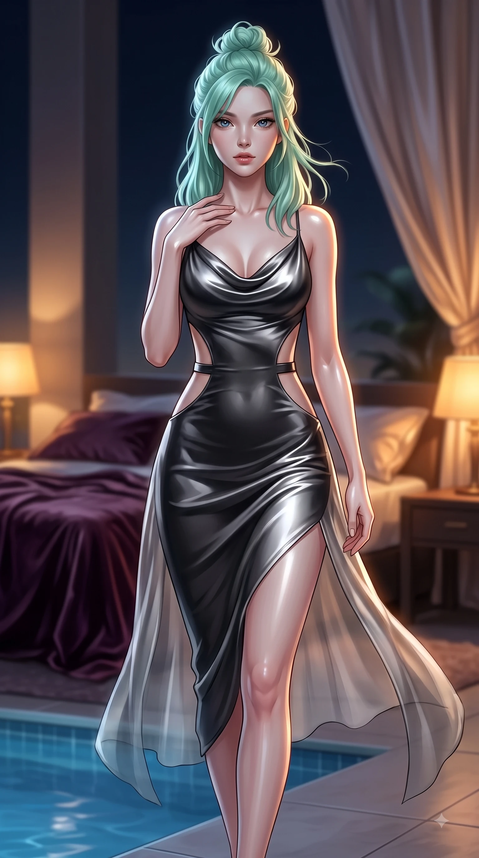 score_9, masterpiece, best quality, ultra-detailed, high-budget anime keyframe, editorial fashion photography, tasteful artistic composition, Japanese woman. close-up cowboy shot from the waist and thighs up, the character dominates the composition, filling the frame with her large presence, background elements kept in soft focus. Pivoting her torso in an alluring S-curve alignment, one hand gently tracing her collarbone with poise while stepping along a private pool terrace as gentle night breezes flutter her translucent gossamer gown, crushed velvet sheets and silk drapery catching warm amber ambient lamp highlights. She has an exceptionally elegant, slender, and willowy female figure with an ultra-slim waist, a gracefully sculpted slender torso, and a refined silhouette. sharp v-shaped jawline, high-bridge nose, intricate jewel-like eyes with depth, thick eyelashes, glossy lips with a natural sheen, flawlessly proportioned anatomical accuracy, natural body alignment, perfectly sculpted elegant limbs, clean dynamic posture without body distortion. wearing an elegant cowl-neck satin midi dress with a graceful draped neckline in matte black and polished silver, woven from fine semi-opaque sheer organza, featuring clean architectural cutouts along her slender torso, the tailored fabric tightly following every curve of her athletic build. bathed in warm luxury ambient lighting and soft silver moonlight tracing every curve. ultra-reflective glossy finish, specular highlights, metallic sheen, high-contrast stereoscopic depth, volumetric dynamic lighting, 2k, ultra detail, master piece, 9:16 ratio
