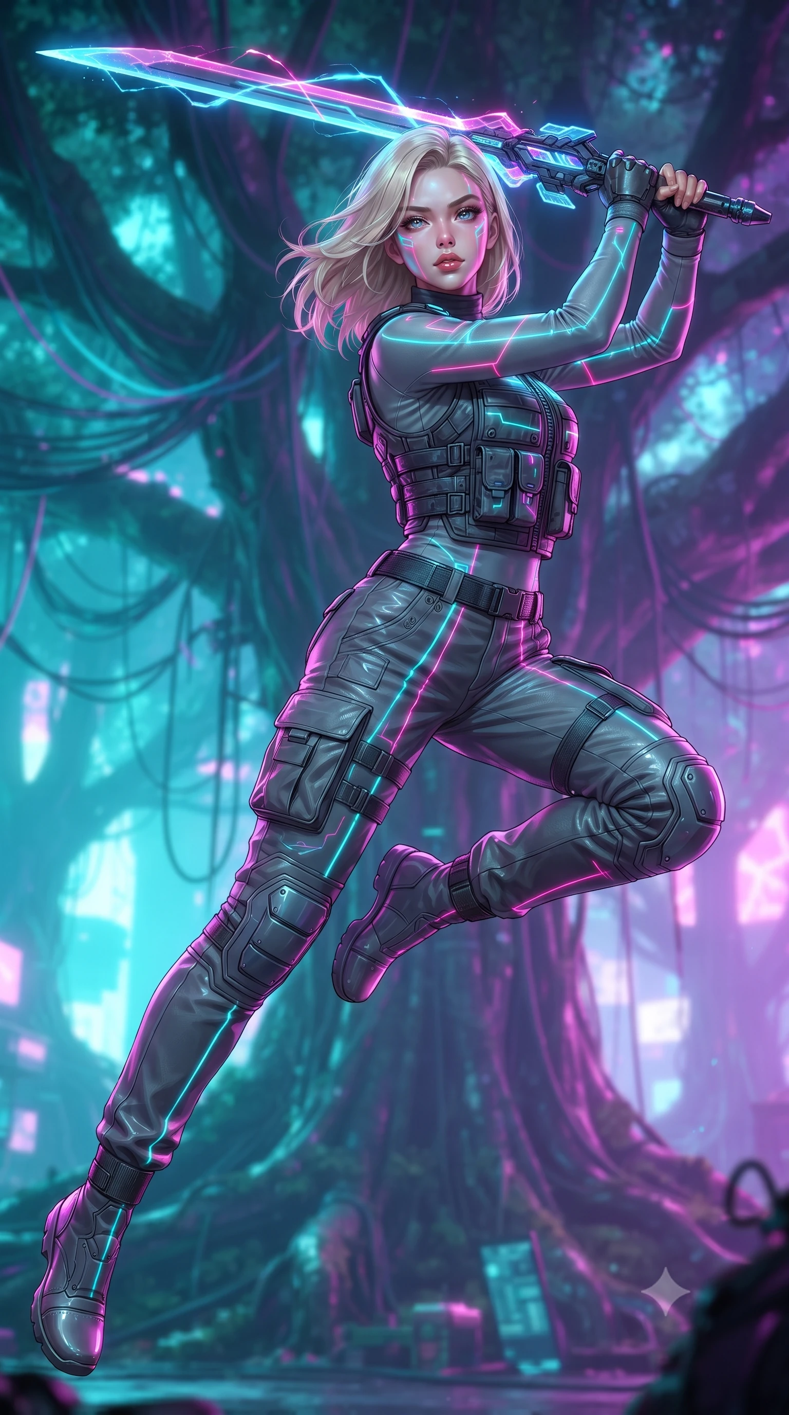 score_9, masterpiece, best quality, ultra-detailed, high-budget anime keyframe, editorial fashion photography, tasteful artistic composition, Caucasian woman. low angle full-body shot from head to toe showing her feet, filling the entire 9:16 vertical frame with her statuesque presence, stretching her vertical silhouette. leaping forward while slashing with a twin-bladed plasma sword in mid-air, her body-contouring suit showing her athletic silhouette, the background shows a soft-focus a neon-lit artificial tree grove with colossal banyan trees woven with wires. She has an absolutely perfect, statuesque 8.5-heads proportion, an exceptionally tall and slender model-like female figure with impossibly long slender legs and an ultra-slim waist. sharp v-shaped jawline, high-bridge nose, intricate jewel-like eyes with depth, thick eyelashes, glossy lips with a natural sheen. wearing a body-hugging rugged carbon-alloy utility vest over a long-sleeve high-neck grey compression shirt and matching cargo slacks. bright cyan and magenta laser lines projecting neon patterns across her form. ultra-reflective glossy finish, specular highlights, metallic sheen, high-contrast stereoscopic depth, volumetric dynamic lighting, 2k, ultra detail, master piece, 9:16 ratio