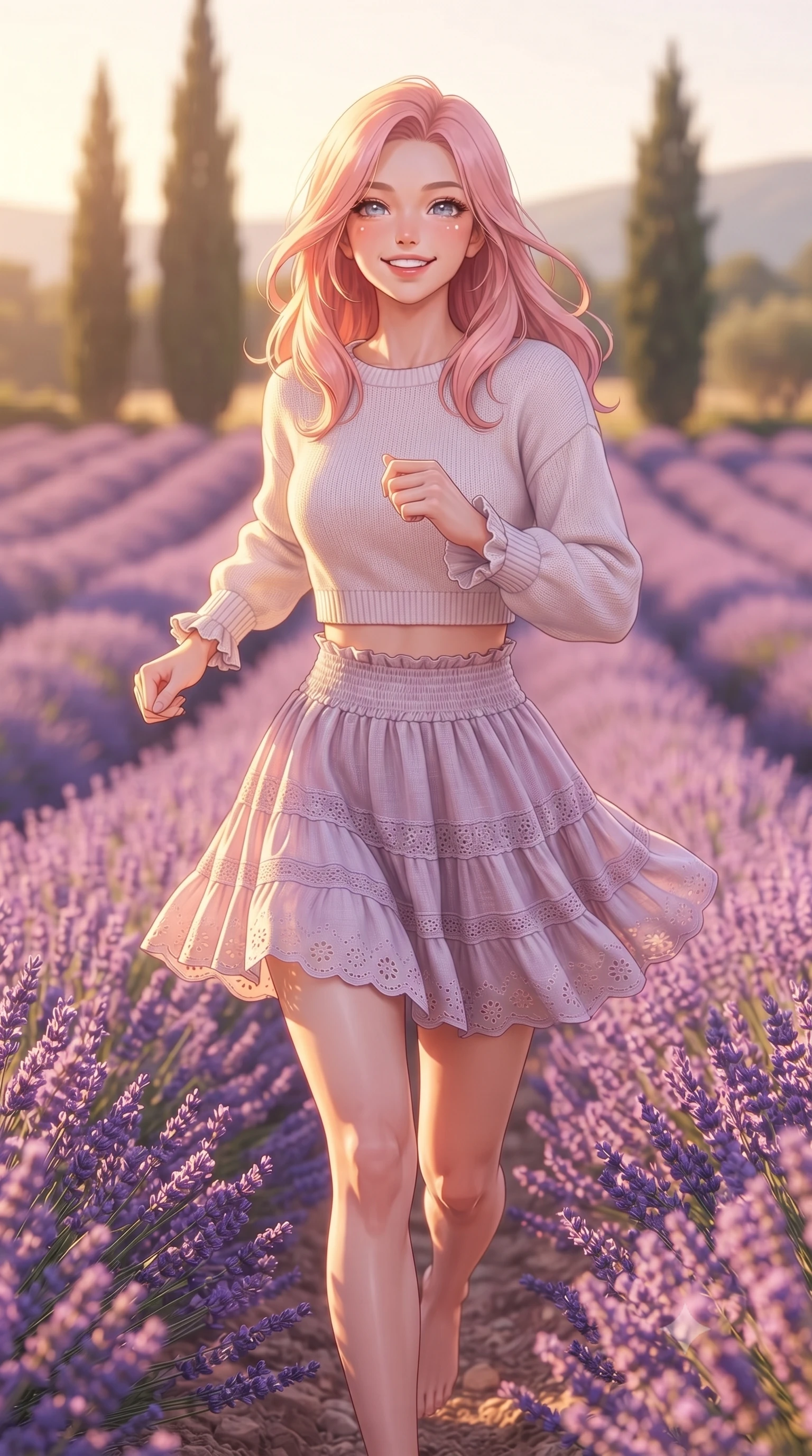 score_9, masterpiece, best quality, ultra-detailed, high-budget anime keyframe, editorial fashion photography, tasteful artistic composition, Japanese woman. close-up cowboy shot from the waist and thighs up, the character dominates the composition, filling the frame with her large presence. radiating a joyful bright smile with sparkling jewel-like eyes and pure charming energy, leaning forward with playful grace while running playfully through endless rolling rows of violet lavender under a warm golden Mediterranean sun. The composition keeps background elements in soft focus with creamy bokeh. tall cypress trees and distant Provençal hills softened by warm atmospheric depth of field. She has an exceptionally elegant, slender, and willowy female figure with an ultra-slim waist, a gracefully sculpted slender torso, toned flat midriff, and a refined slim silhouette. sharp v-shaped jawline, high-bridge nose, intricate jewel-like eyes with depth, thick eyelashes, glossy lips with a natural sheen, pure and lovely fresh girlhood expression, flawlessly proportioned anatomical accuracy, strict slender model proportions, natural body alignment, perfectly sculpted long slender limbs, ultra-slim waistline, clean dynamic posture without body distortion. wearing a stylish cropped pastel knit pullover paired with a high-waisted flowy A-line linen skirt in subtle lilac violet and soft rose gold, woven with delicate eyelet lace and breathable cotton voile, accented with soft smocked elastic details and ruffled cuff trims, the body-hugging lightweight knit clinging delicately to her slender torso, accentuating her graceful neck and feminine lines. bathed in warm golden hour sunlight casting long romantic shadows across the purple lavender rows. ultra-reflective glossy finish, specular highlights, rich natural textures, high-contrast stereoscopic depth, volumetric dynamic lighting, 2k, ultra detail, master piece, 9:16 ratio