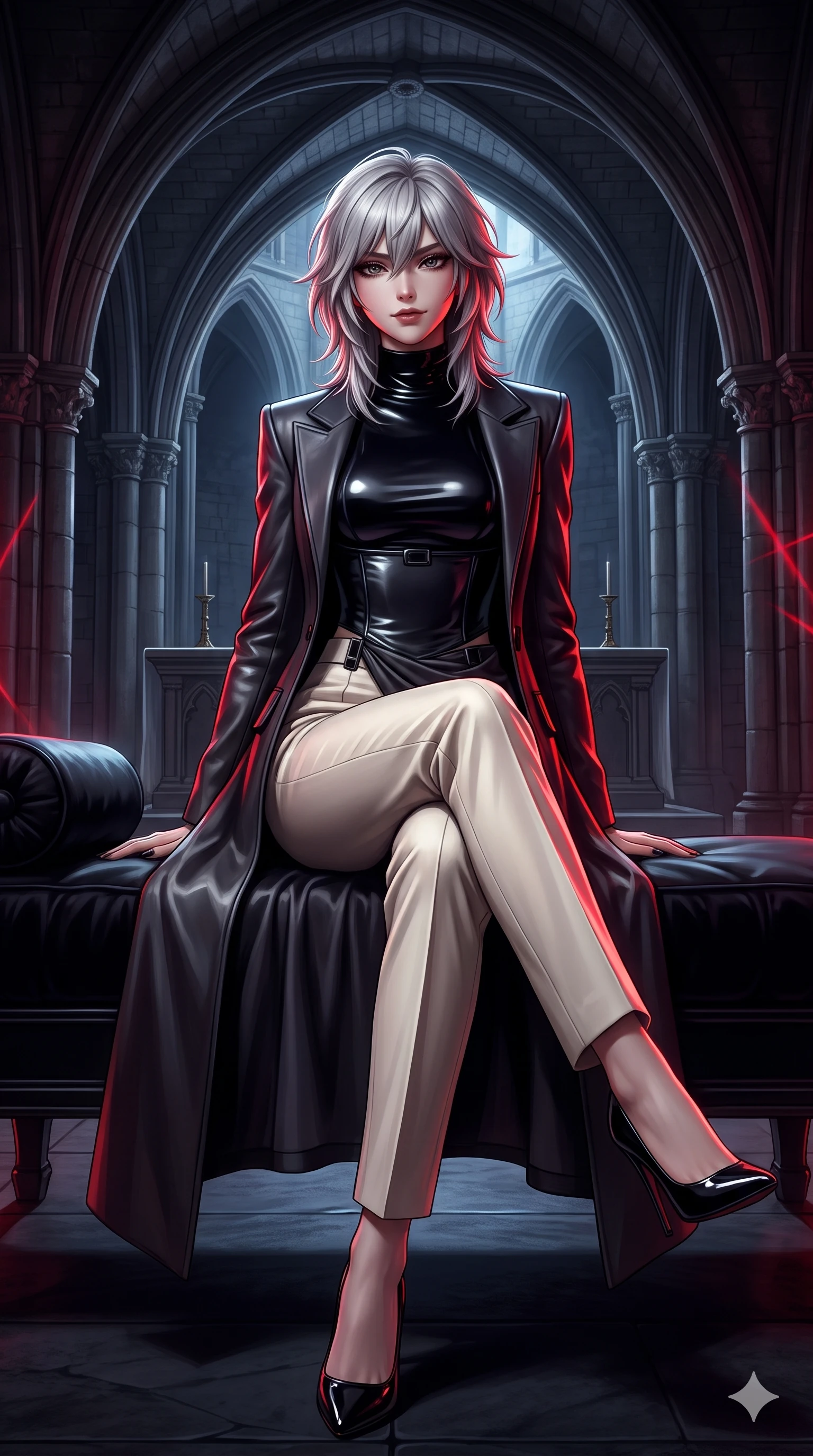 score_9, masterpiece, best quality, ultra-detailed, high-budget anime keyframe, semi-realistic 3D game render, editorial fashion photography, tasteful artistic composition, Japanese woman. low angle full-body shot from head to toe showing her feet, filling the entire 9:16 vertical frame with her statuesque presence, stretching her vertical silhouette. lounging on the lavish obsidian daybed with legs crossed, displaying her toned midriff and long slender limbs with effortless siren poise while twisting her slender torso in an alluring contrapposto stance beneath the vaulted stone arches, moonlight and crimson laser rays tracing her curves. The surrounding environment is rendered in vivid detail and crisp panoramic clarity: detailed precision-fitted liquid vinyl dress cling, onyx hardware accents, and gothic architectural lines in razor-sharp precision. She has an absolutely perfect, statuesque 8.5-heads proportion, an exceptionally tall and slender model-like female figure with impossibly long slender legs, an ultra-slim waist, a flat toned midriff, narrow delicate ribcage, and beautifully sculpted feminine hips creating a graceful, slim hourglass silhouette without any bulky heaviness. sharp v-shaped jawline, high-bridge nose, intricate jewel-like dark sparkling eyes with hypnotic seductive depth, thick curled eyelashes, glossy parted lips with a natural wine sheen, alluring bedroom-eyes with an enigmatic smoldering smile, exuding magnetic sovereign charisma and dark avant-garde glamour, flawlessly proportioned anatomical accuracy, strict slender model proportions, natural body alignment, perfectly sculpted long slender limbs, ultra-slim waistline, clean dynamic posture without body distortion. wearing a structured dark leather long coat over a turtleneck and tailored slacks in celestial champagne ivory and high-gloss jet black, tailored from soft dark satin with subtle light-absorbing depth, adorned with minimalist black onyx hardware framing the silhouette, the bespoke structured tailoring following the natural line of her 8.5-heads silhouette with refined elegance. illuminated by moonlit altar marble bounce and sharp blood-ruby rim lights sculpting her razor-sharp jawline, narrow waist, and curvy hips. highly saturated vibrant anime colors, detailed shading with soft gradients, rich glossy textures, high-contrast stereoscopic depth, volumetric dynamic lighting, master piece, 9:16 ratio