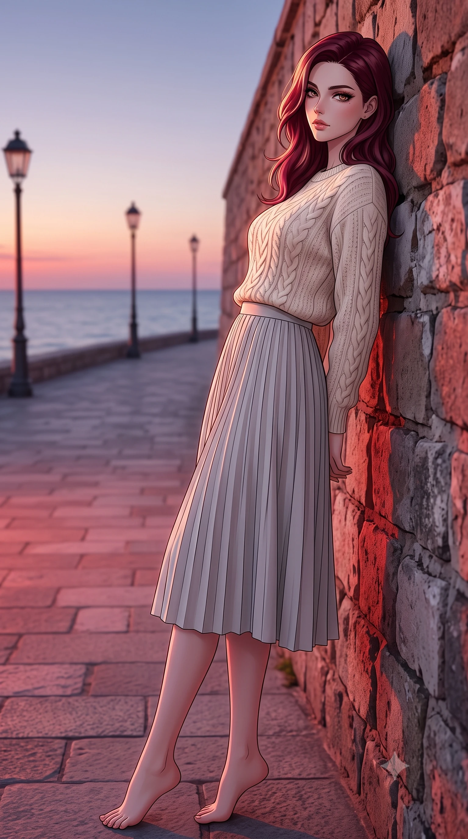 score_9, masterpiece, best quality, ultra-detailed, high-budget anime keyframe, editorial fashion photography, tasteful artistic composition, Caucasian woman woman. low angle full-body shot from head to toe showing her feet, filling the entire 9:16 vertical frame with her statuesque presence, stretching her vertical silhouette. leaning back against a rustic stone wall, casting a slow, alluring gaze at the camera the background shows a soft-focus a paved promenade with classic lamp posts overlooking a calm sea at sunset. She has an absolutely perfect, statuesque 8.5-heads proportion, an exceptionally tall and slender model-like female figure with impossibly long slender legs and an ultra-slim waist. sharp v-shaped jawline, high-bridge nose, intricate jewel-like eyes with depth, thick eyelashes, glossy lips with a natural sheen. wearing a tailored cozy cable-knit sweater in ivory, paired with a pleated light grey midi skirt. the warm red and violet glow of twilight reflecting on the pavement. 2k, ultra detail, master piece, 9:16 ratio