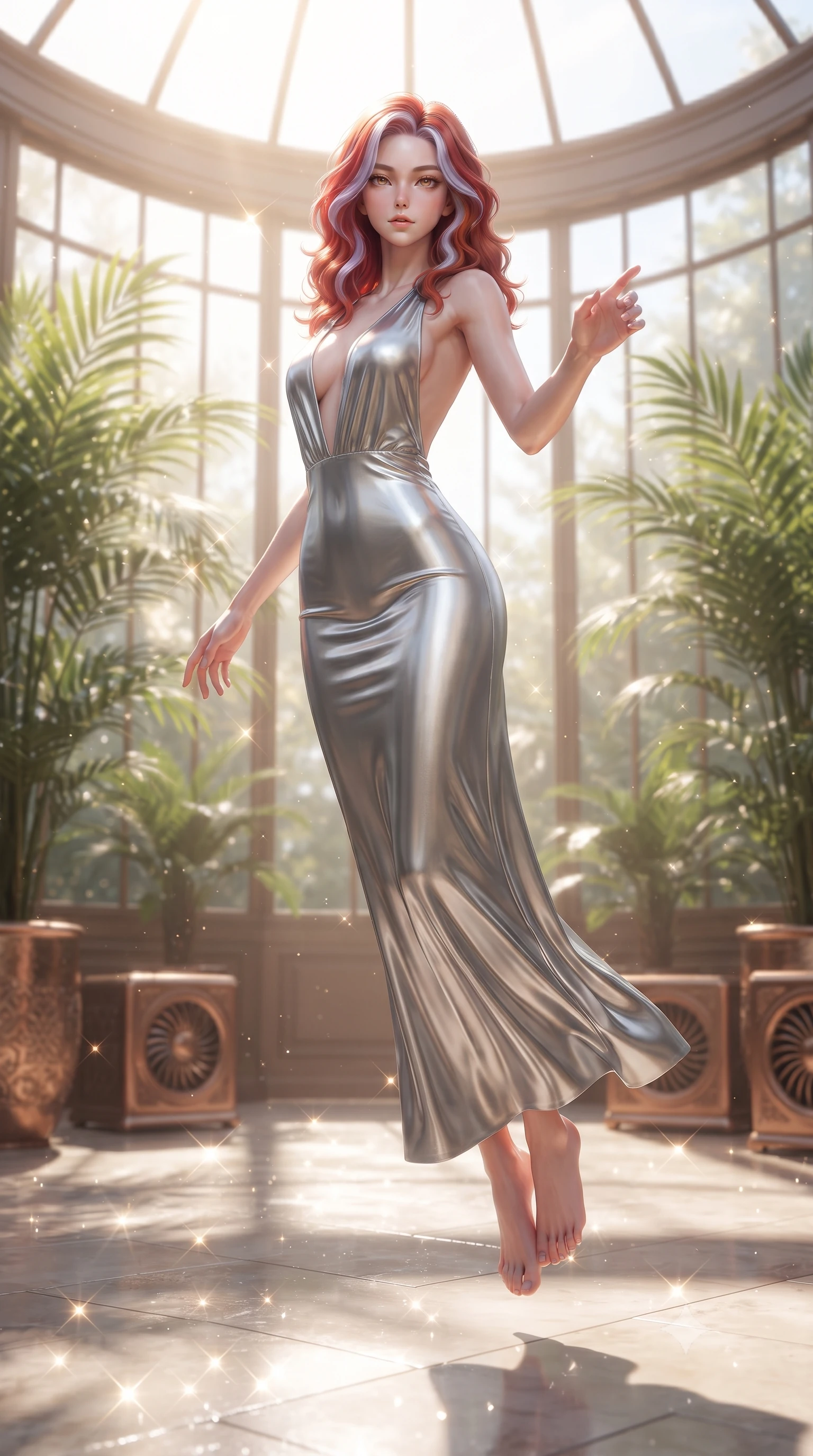 score_9, masterpiece, best quality, ultra-detailed, high-budget anime keyframe, editorial fashion photography, tasteful artistic composition, Caucasian woman woman. low angle full-body shot from head to toe showing her feet, filling the entire 9:16 vertical frame with her statuesque presence, stretching her vertical silhouette. She has an absolutely perfect, statuesque 8.5-heads proportion, an exceptionally tall and slender model-like female figure with impossibly long slender legs and an ultra-slim waist. floating dynamically in zero-gravity with flawless poise, reaching her hand forward gracefully, flawlessly proportioned anatomical accuracy, natural body alignment, perfectly sculpted elegant limbs, clean dynamic posture without body distortion. set against a soft-focus background of a luxury sunroom filled with potted palms and bronze vents. wearing a deep plunging V-neck maxi dress in liquid silver jersey with a daring open-back. bathed in bright morning sunbeams creating sparkling glints on polished floors. ultra-reflective glossy finish, specular highlights, metallic sheen, high-contrast stereoscopic depth, volumetric dynamic lighting, 2k, ultra detail, master piece, 9:16 ratio