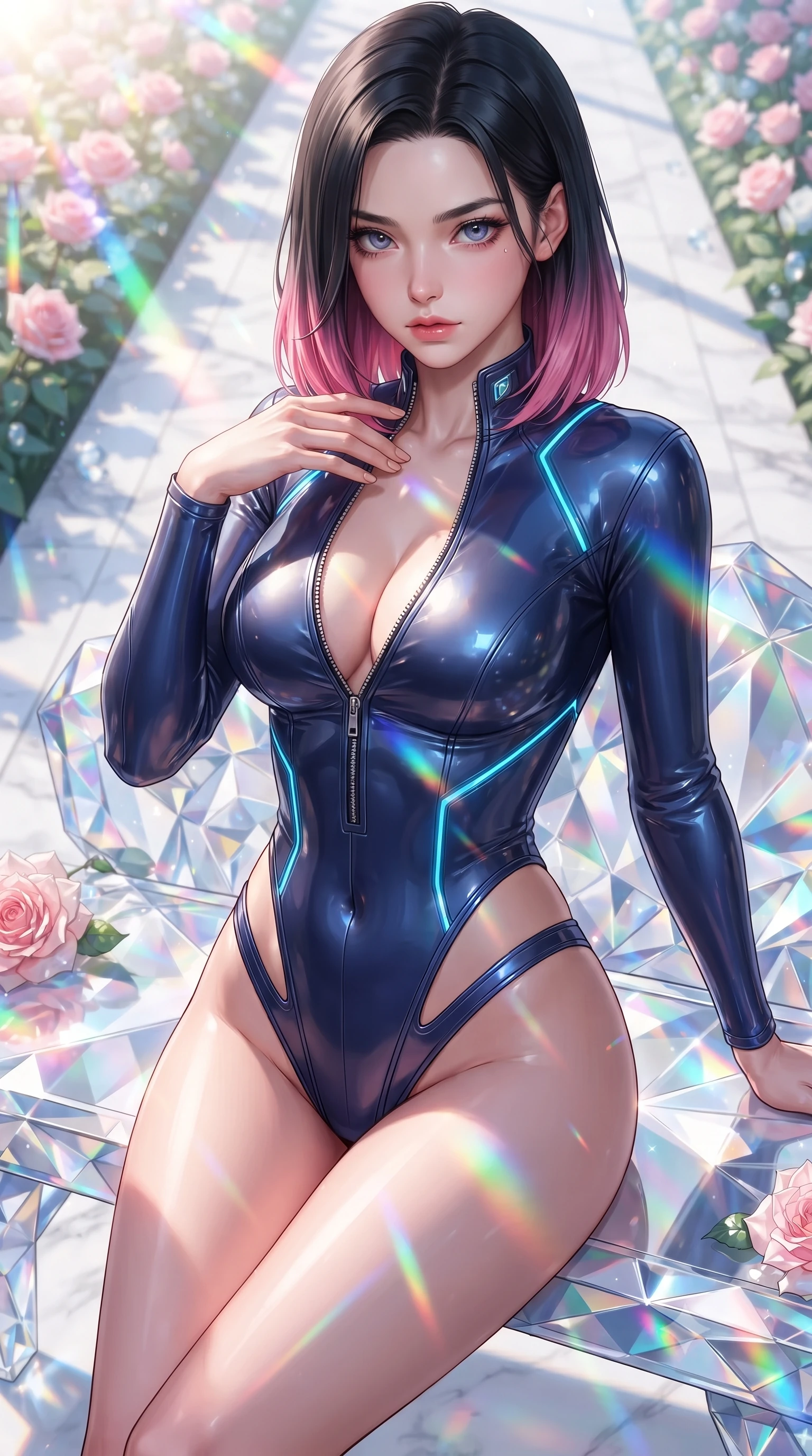score_9, masterpiece, best quality, ultra-detailed, high-budget anime keyframe, editorial fashion photography, tasteful artistic composition, Korean woman. close-up cowboy shot from the waist and thighs up, the character dominates the composition, filling the frame with her large presence. leaning forward with a dangerous, enticing smolder, resting one hand near her collarbone while casting a fiery, magnetic direct gaze while stretching forward with an alluring S-curve silhouette on a crystal garden bench as rainbow light bands cross her skin. The surrounding environment is rendered in vivid detail and crisp panoramic clarity. razor-sharp optical crystal rose petal facets, morning dewdrop beads, and white marble path in deep focus. She has an exceptionally elegant, slender, and willowy female figure with an ultra-slim waist, a gracefully sculpted slender torso, toned flat midriff, and a refined slim silhouette. sharp v-shaped jawline, high-bridge nose, intricate jewel-like eyes with depth, thick eyelashes, glossy lips with a natural sheen, flawlessly proportioned anatomical accuracy, strict slender model proportions, natural body alignment, perfectly sculpted long slender limbs, ultra-slim waistline, clean dynamic posture without body distortion. wearing a skin-tight cybernetic bodysuit with glowing neon seams, deep hip cutouts, and an aerodynamic athletic fit in deep royal navy blue and specular chrome, tailored from semi-translucent cybernetic vinyl with glowing micro-filaments, featuring a dangerously unzipped neckline framed by glowing cybernetic accents, the precision-cut daring openings accentuating her delicate midriff, graceful bare collarbones, and ultra-slim feminine waistline. bathed in brilliant morning sunlight intersected by saturated rainbow crystal prism refractions. ultra-reflective glossy finish, specular highlights, metallic sheen, high-contrast stereoscopic depth, volumetric dynamic lighting, 2k, ultra detail, master piece, 9:16 ratio