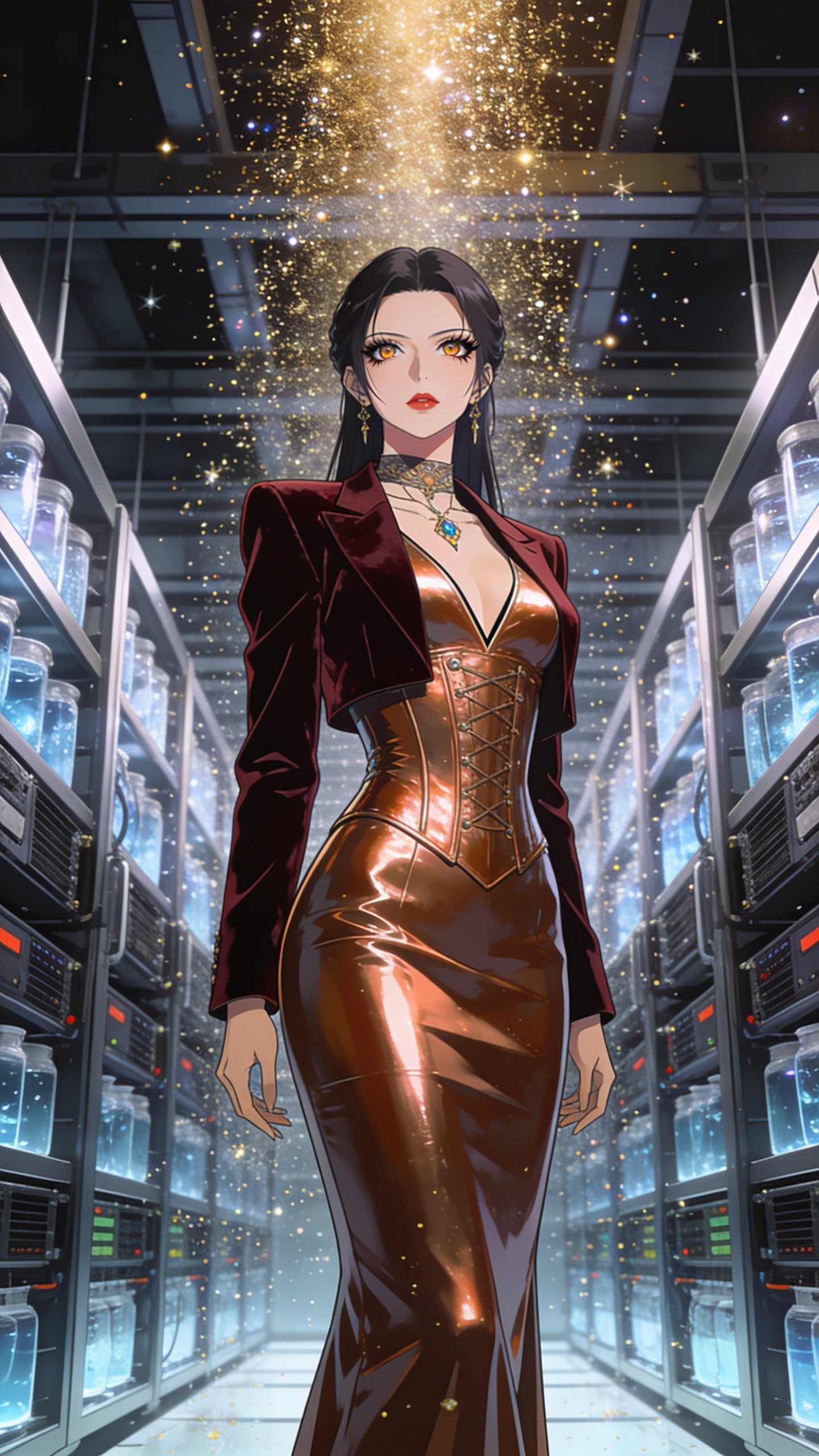 score_9, masterpiece, best quality, ultra-detailed, High-budget Anime Keyframe, East Asian woman. Low angle cowboy shot filling the entire 9:16 frame with her statuesque presence. Scenario 486: showering under a cascade of glittering gold stardust inside a high-tech laboratory with rows of water-cooled server racks. Her presence is magnetic and overpowering in this high-budget anime scene. Outfit 486: a body-hugging metallic copper matte vinyl corset dress layered under a structured velvet blazer. The clothing is designed to emphasize her exceptionally tall and slender 8-heads proportion. 8-heads proportion, towering silhouette, ultra-slim waist. sharp v-shaped jawline, intricate jewel-like eyes with depth, thick eyelashes, glossy lips. 2k, ultra detail, master piece, 9:16 ratio