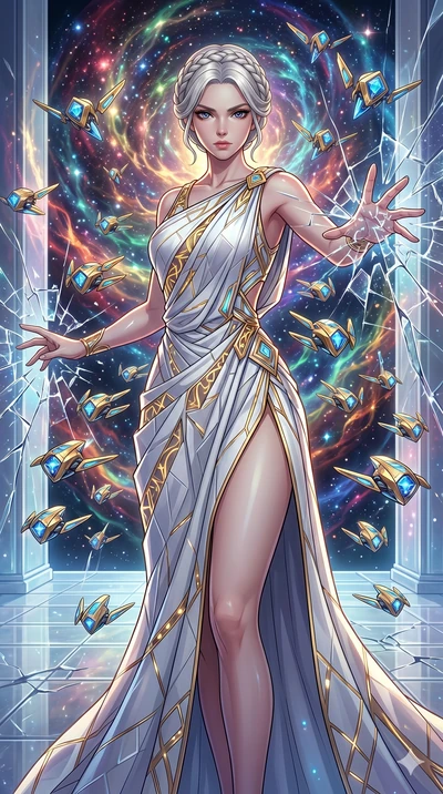 score_9, masterpiece, best quality, ultra-detailed, Set A: High-budget Anime Keyframe, Caucasian (human ears) woman. Upper body close-up from the thighs up, character filling the screen for maximum presence. Theme: Abstract Cosmic. shattering the fab