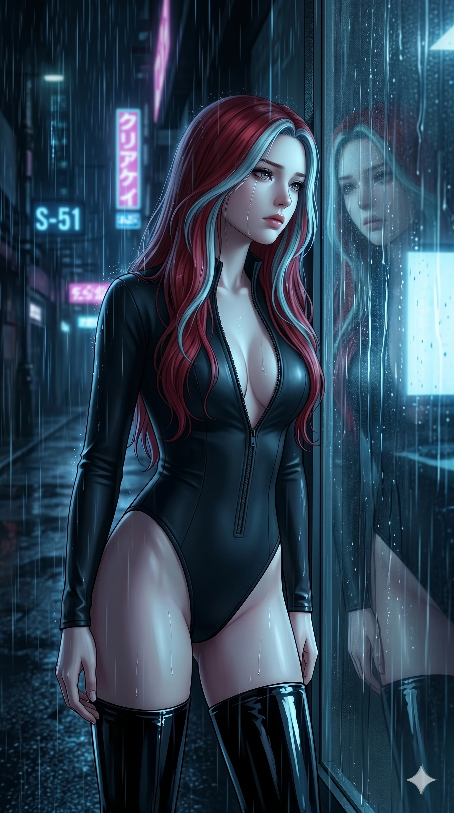 score_9, masterpiece, best quality, ultra-detailed, high-budget anime keyframe, editorial fashion photography, tasteful artistic composition, Caucasian woman, strictly human ears. cowboy shot from the thighs up, character and outfit filling the frame for maximum editorial presence. resting her head against the cold glass pane, a single tear tracing down her cheek as she looks away standing under pouring digital rain in a dark, empty street of a neo-city (Scenario Code S-51). She has an absolutely perfect 8-heads proportion, an exceptionally tall and slender female figure with impossibly long slender legs and an ultra-slim waist. V-shaped jawline, high-bridge nose, intricate jewel-like eyes with depth, thick eyelashes, glossy lips with a natural sheen. wearing a glove-like matte black bodysuit unzipped deeply, paired with thigh-high patent leather boots. illuminated by the pale blue light of a distant monitor, casting a cool glow on her face. 2k, ultra detail, master piece, 9:16 ratio