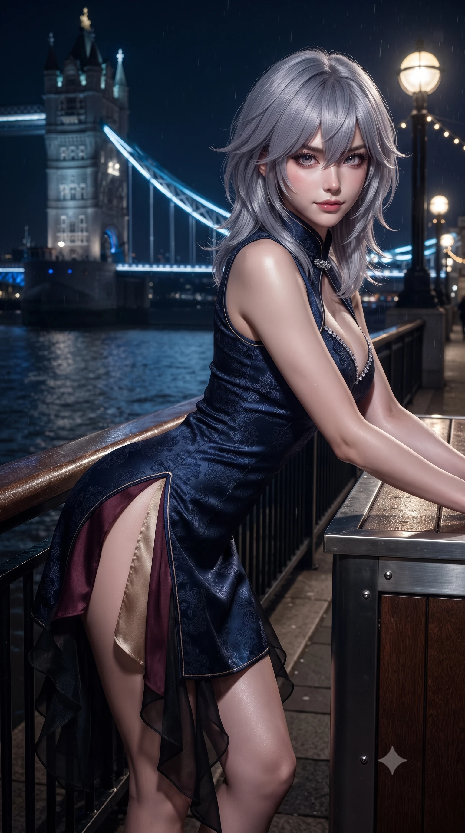 score_9, masterpiece, best quality, ultra-detailed, high-budget anime keyframe, editorial fashion photography, tasteful artistic composition, Japanese woman. close-up cowboy shot from the waist and thighs up, the character dominates the composition, filling the frame with her large presence. leaning forward over the counter while arching her lower back to accentuate her curvy hips, looking into the lens with a dangerous smoldering half-smile and bedroom-eyes while posing beside the dark river waters with arms relaxed, casting a slow, direct gaze beneath heavy lashes with quiet, dangerous intensity. The surrounding environment is rendered in vivid detail and crisp panoramic clarity. detailed fabric texture, mist droplets catching the light, and historic London bridge architecture in high resolution. She has an exceptionally elegant, slender, and willowy female figure with an ultra-slim waist, flat toned midriff, narrow ribcage, and sculpted feminine hips creating an alluring, slim hourglass silhouette without bulk. sharp v-shaped jawline, high-bridge nose, intricate jewel-like dark sparkling eyes with dangerous depth, thick curled eyelashes, glossy parted lips with a rich wine sheen, smoldering seductive half-smile with bedroom-eyes, exuding effortless superiority and intoxicating dark allure, flawlessly proportioned anatomical accuracy, strict slender model proportions, natural body alignment, perfectly sculpted long slender limbs, ultra-slim waistline, clean dynamic posture without body distortion. wearing a modern tailored cheongsam mini dress in midnight navy jacquard silk with dramatic side hip slits in dark mulberry wine and antique champagne, crafted from layered gossamer black organza with weightless, smoky flutter, finished with subtle crystal rhinestones lining the plunging neckline, the glove-like silhouette tightly following the natural contour of her hips and long slender legs with youthful 8.5-heads elegance. bathed in cool ethereal cobalt bridge floodlights and warm golden promenade streetlights. ultra-reflective glossy finish, specular highlights, rich textural contrasts, high-contrast stereoscopic depth, volumetric dynamic lighting, 2k, ultra detail, master piece, 9:16 ratio