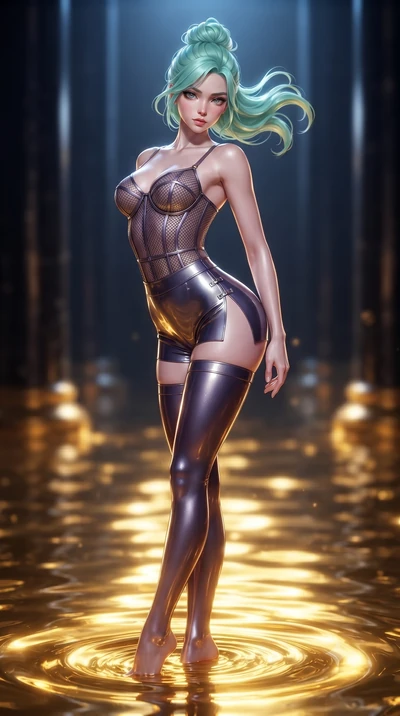 score_9, masterpiece, best quality, ultra-detailed, high-budget anime keyframe, editorial fashion photography, tasteful artistic composition, Japanese woman. low angle full-body shot from head to toe showing her feet, filling the entire 9:16 vertical