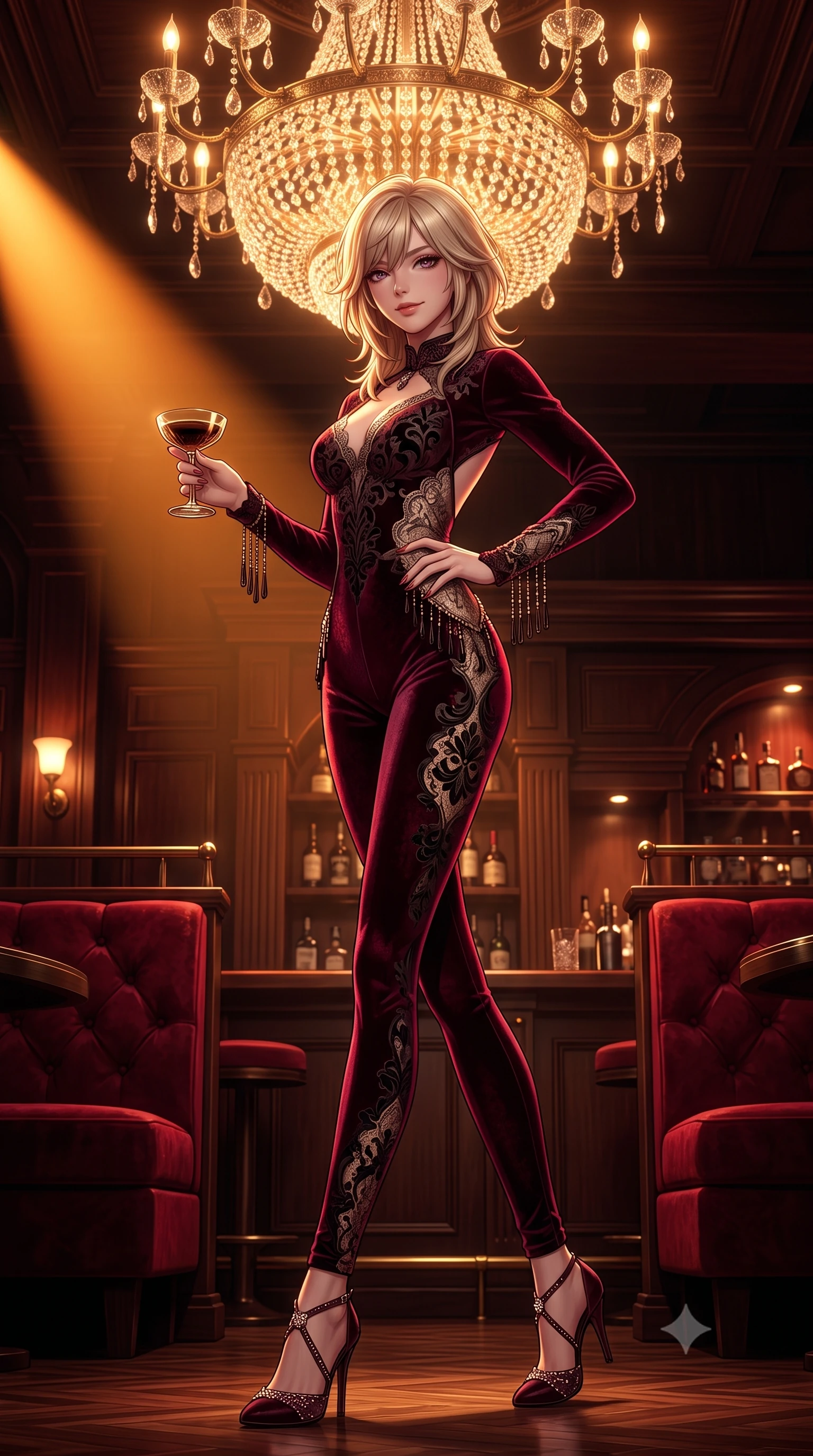 score_9, masterpiece, best quality, ultra-detailed, high-budget anime keyframe, semi-realistic 3D game render, editorial fashion photography, tasteful artistic composition, Japanese woman. low angle full-body shot from head to toe showing her feet, filling the entire 9:16 vertical frame with her statuesque presence, stretching her vertical silhouette. pausing mid-stride beneath the grand chandelier with one hand resting on her narrow waist, her arched hips and statuesque 8.5-heads presence commanding the 9:16 vertical frame while sitting gracefully on a round red velvet stool with one leg crossed over the other, holding an antique cocktail coupe with a smoldering, playful half-smile. The surrounding environment is rendered in vivid detail and crisp panoramic clarity. detailed velvet plush texture, delicate jewelry shimmer, and speakeasy bar woodwork clarity in high resolution. She has an exceptionally tall and slender model-like 8.5-heads proportion, an ultra-slim waist, a flat toned midriff, narrow delicate ribcage, and beautifully sculpted feminine hips creating a graceful, slim hourglass silhouette without any bulky heaviness, with impossibly long slender legs. sharp v-shaped jawline, high-bridge nose, intricate jewel-like dark sparkling eyes with dangerous depth, thick curled eyelashes, glossy parted lips with a rich wine sheen, smoldering seductive half-smile with bedroom-eyes, exuding effortless superiority and intoxicating dark allure, flawlessly proportioned anatomical accuracy, strict slender model proportions, natural body alignment, perfectly sculpted long slender limbs, ultra-slim waistline, clean dynamic posture without body distortion. wearing a second-skin dark burgundy stretch-velvet jumpsuit with a plunging neckline and open back in midnight jet-black and liquid champagne gold, crafted from sheer delicate Chantilly lace with intricate gothic floral motifs, accented with fine jet-black beaded tassels that sway with each movement, the form-fitting cut adhering flawlessly to her sculpted flat midriff and slender torso, emphasizing her long leg lines and perfectly proportioned willowy build. illuminated by a single warm amber spotlight and rich crimson rim light sculpting her sculpted collarbones, narrow waist, and feminine hips. highly saturated vibrant anime colors, detailed shading with soft gradients, rich glossy textures, high-contrast stereoscopic depth, volumetric dynamic lighting, master piece, 9:16 ratio