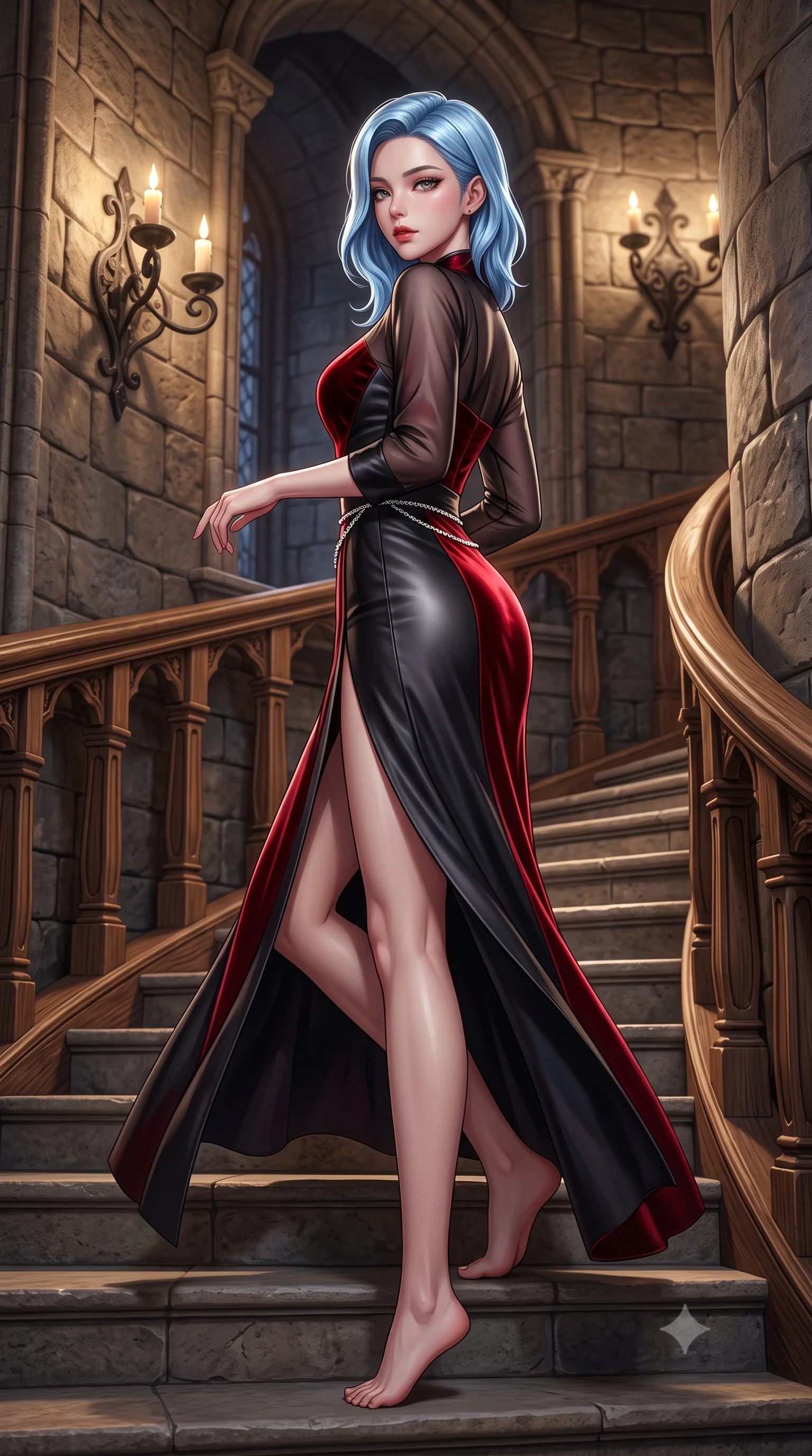 score_9, masterpiece, best quality, ultra-detailed, high-budget anime keyframe, semi-realistic 3D game render, editorial fashion photography, tasteful artistic composition, Korean woman. low angle full-body shot from head to toe showing her feet, filling the entire 9:16 vertical frame with her statuesque presence, stretching her vertical silhouette. executing an elegant mid-motion pivot turn as garments swirl around her slender limbs, glancing over her shoulder with an intoxicating bedroom-gaze while gliding down the spiraling stone castle staircase with supermodel poise, her high-slit skirt opening to reveal her long slender legs and curvy hips. The surrounding environment is rendered in vivid detail and crisp panoramic clarity. sharp aged castle masonry grain, wrought-iron wall sconces, and carved oak wood textures in deep focus. She has an exceptionally tall and slender model-like 8.5-heads proportion, an ultra-slim waist, a flat toned midriff, narrow delicate ribcage, and beautifully sculpted feminine hips creating a graceful, slim hourglass silhouette without any bulky heaviness, with impossibly long slender legs. sharp v-shaped jawline, high-bridge nose, intricate jewel-like eyes with depth, thick eyelashes, glossy parted lips with a natural sheen, intensely captivating and seductive bedroom-eyes expression, flawlessly proportioned anatomical accuracy, strict slender model proportions, natural body alignment, perfectly sculpted long slender limbs, ultra-slim waistline, clean dynamic posture without body distortion. wearing a delicate semi-translucent silk yukata that clings to her wet skin and curvy hip contours in phantom obsidian black and blood-red velvet, formed from supple second-skin lambskin leather with specular sheen, accented with a dainty diamond waist chain catching the ambient light reflections, the liquid-tight tailored fabric clinging flawlessly to her narrow waist and rounded feminine hips, emphasizing every millimeter of her sculpted slim hourglass curves without any bulky heaviness. illuminated by crisp directional rim lighting sharply carving her razor-sharp jawline, narrow waist, and curvy hips. highly saturated vibrant anime colors, detailed shading with soft gradients, rich glossy textures, high-contrast stereoscopic depth, volumetric dynamic lighting, master piece, 9:16 ratio