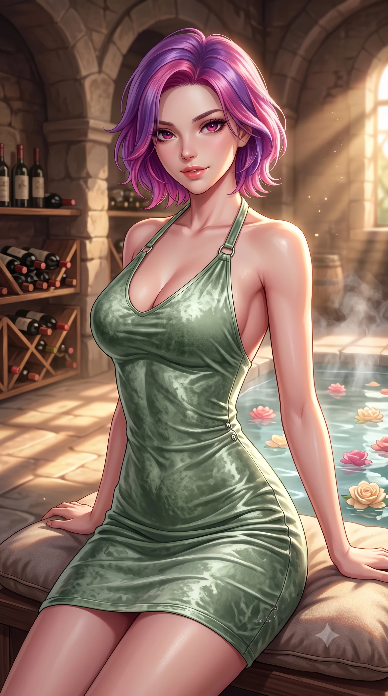 score_9, masterpiece, best quality, ultra-detailed, high-budget anime keyframe, editorial fashion photography, tasteful artistic composition, Caucasian woman. close-up cowboy shot from the waist and thighs up, the character dominates the composition, filling the frame with her large presence, background elements kept in soft focus. arching her back slightly while resting her elbow on a plush cushion, flashing a soft, sensual half-smile set against a soft-focus background of inside an exclusive wine cellar alcove with rising mineral steam and floating flower petals on the clear water surface. She has an exceptionally elegant, slender, and willowy female figure with an ultra-slim waist, a gracefully sculpted slender torso, and a refined silhouette. sharp v-shaped jawline, high-bridge nose, intricate jewel-like eyes with depth, thick eyelashes, glossy lips with a natural sheen. wearing body-hugging sage green crushed velvet form-contouring cashmere halter dress tracing her statuesque physique accented with delicate silver hardware. bathed in warm golden hour sunbeams that cast long, romantic shadows across the floor. highly saturated vibrant anime colors, detailed shading with soft gradients, rich glossy textures, high-contrast stereoscopic depth, volumetric dynamic lighting, master piece, 9:16 ratio
