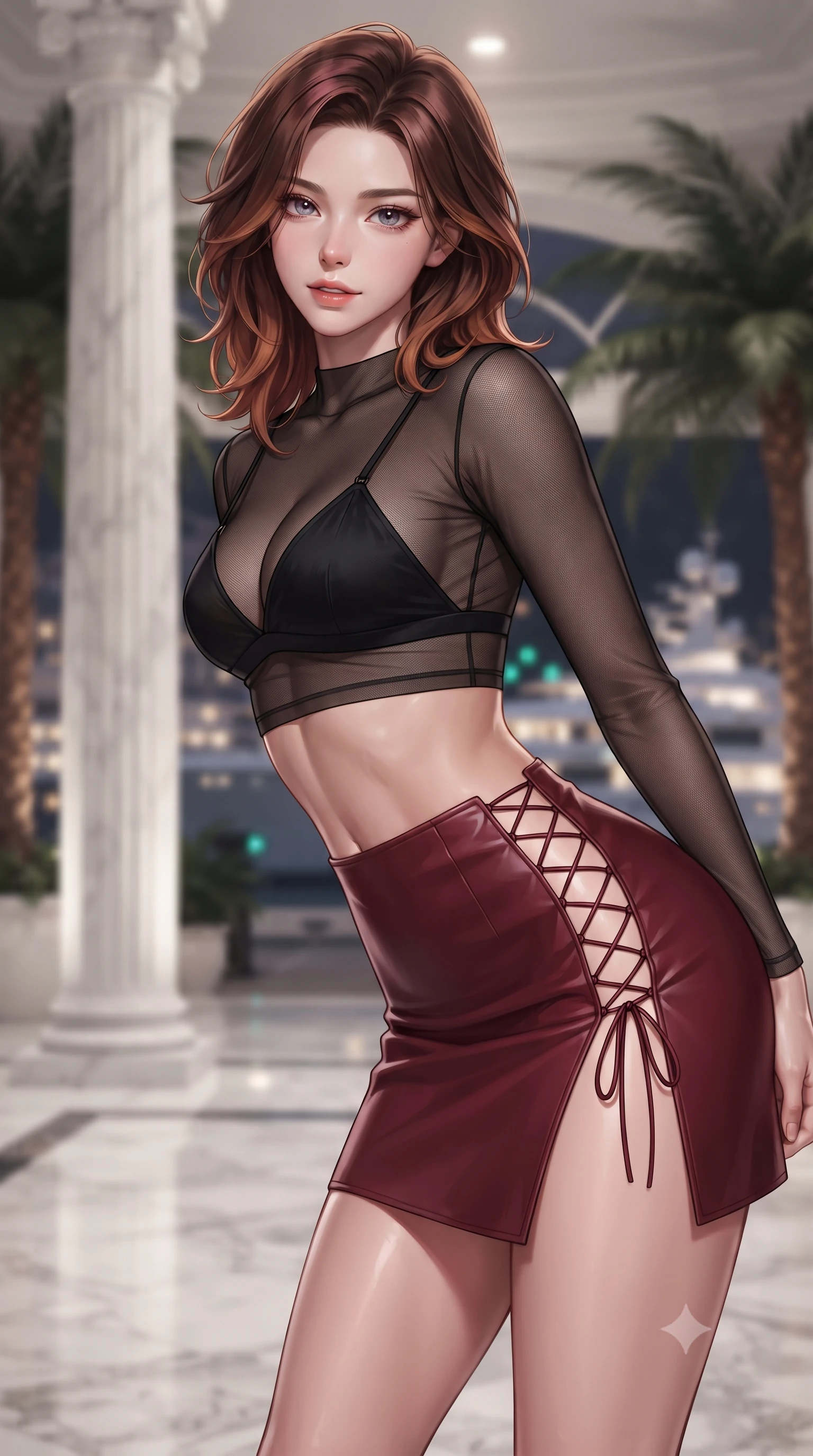score_9, masterpiece, best quality, ultra-detailed, high-budget anime keyframe, editorial fashion photography, tasteful artistic composition, Korean woman. close-up cowboy shot from the waist and thighs up, the character dominates the composition, filling the frame with her large presence. leaning forward while arching her lower back to accentuate her curvy hips, looking into the camera with an intoxicating smoldering gaze and bedroom-eyes while twisting her slender torso in an alluring S-curve, soft conservatory downlights and harbor reflections tracing her flat midriff and hips. The background shows a soft-focus towering white Carrara marble fluted columns, exotic indoor palm trees, and Port Hercules superyacht lights outside blurred into marble-white, emerald, and gold bokeh. She has an exceptionally elegant, slender, and willowy female figure with an ultra-slim waist, flat toned midriff, narrow ribcage, and sculpted feminine hips creating an alluring, slim hourglass silhouette without bulk. sharp v-shaped jawline, high-bridge nose, sparkling eyes with hypnotic seductive depth, thick curled eyelashes, glossy parted lips with a natural dewy peach sheen, alluring bedroom-eyes with an enchanting coquettish smile, exuding magnetic siren charisma and sophisticated glamour, flawlessly proportioned anatomical accuracy, strict slender model proportions, natural body alignment, perfectly sculpted long slender limbs, ultra-slim waistline, clean dynamic posture without body distortion. wearing a sheer mesh long-sleeve crop top over an opaque strappy micro-bralette and a sleek leatherette mini skirt in Gion dark cherry and midnight obsidian, woven from buttery-soft stretch lambskin leather adhering to her body like a second skin, featuring fine criss-cross lace-up side ties revealing tantalizing glimpses of her hip curve, the high-slit wrap tailoring accentuating her ultra-slim waistline and the enchanting curve of her feminine hips with alluring seductive charm. illuminated by polished marble floor specular bounce and sharp platinum rim lights sculpting her razor-sharp jawline, narrow waist, and curvy hips. ultra-reflective glossy finish, specular highlights, rich textural contrasts, high-contrast stereoscopic depth, volumetric dynamic lighting, 2k, ultra detail, master piece, 9:16 ratio