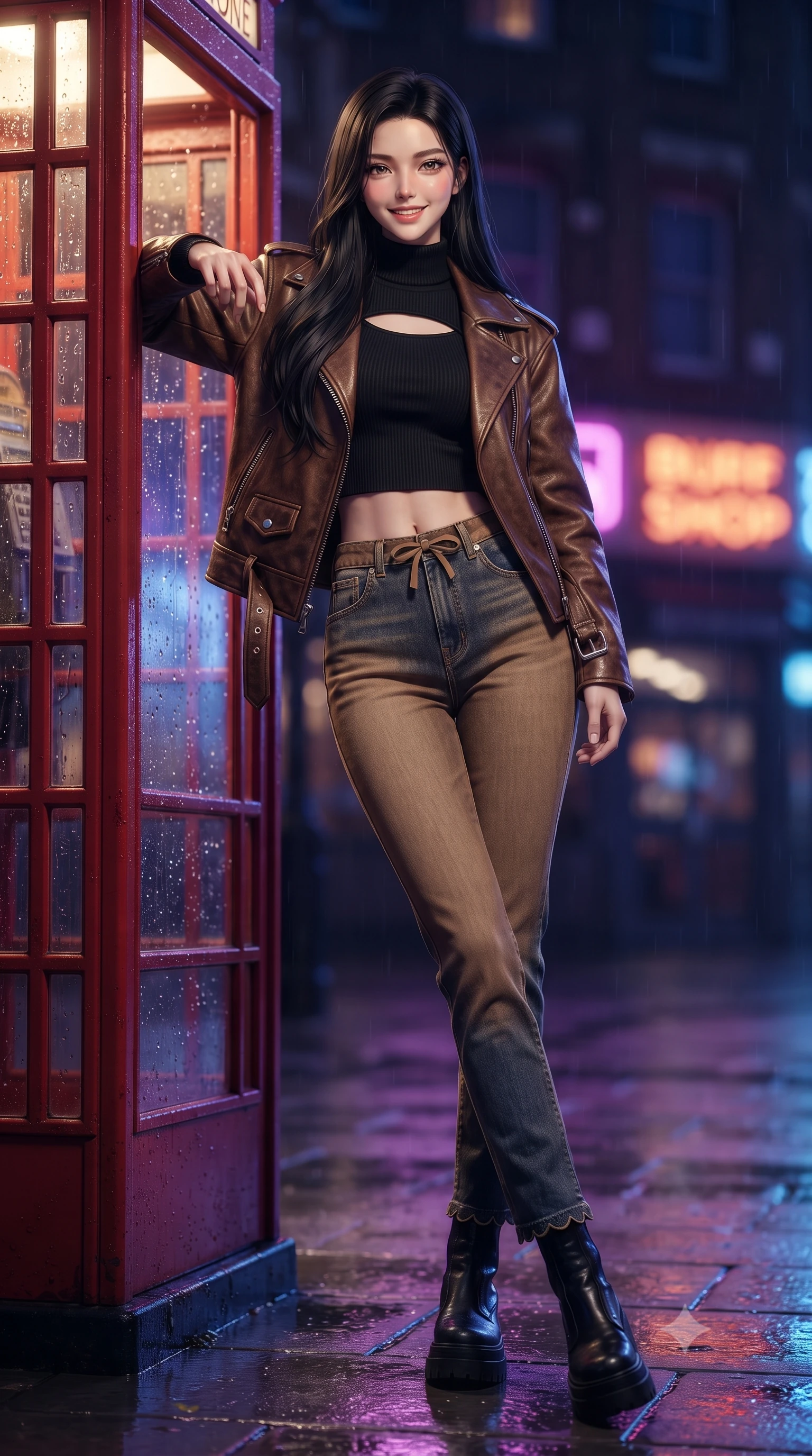 score_9, masterpiece, best quality, ultra-detailed, high-budget anime keyframe, editorial fashion photography, tasteful artistic composition, Korean woman. low angle full-body shot from head to toe showing her feet, filling the entire 9:16 vertical frame with her statuesque presence, stretching her vertical silhouette. pivoting dynamically with supreme athletic balance and poise, her impossibly long slender legs creating a breathtaking line while leaning against the exterior booth frame under a streetlamp, smiling warmly at someone approaching beyond the camera. The composition keeps background elements in soft focus with creamy bokeh. streaming glass raindrop streaks and distant neon shop signs blurred into dreamy magenta, amber, and deep blue bokeh. She has an absolutely perfect, statuesque 8.5-heads proportion, an exceptionally tall and slender model-like female figure with impossibly long slender legs, a toned flat midriff, and an ultra-slim waist. sharp v-shaped jawline, high-bridge nose, intricate jewel-like eyes with depth, thick eyelashes, glossy lips with a natural sheen, captivating and magnetic expression, flawlessly proportioned anatomical accuracy, strict slender model proportions, natural body alignment, perfectly sculpted long slender limbs, ultra-slim waistline, clean dynamic posture without body distortion. wearing an iconic oversized vintage brown leather biker jacket worn over a snug ribbed turtleneck and high-rise mom jeans in vintage camel brown and washed indigo denim, tailored from velvety soft genuine suede with classic stitched seams, finished with a dainty waist ribbon bow and scalloped hemline trims, the precision-cut daring openings accentuating her delicate midriff, graceful bare collarbones, and ultra-slim feminine waistline. bathed in cozy yellow interior phone booth lamp light contrasting with cool neon street reflections outside. ultra-reflective glossy finish, specular highlights, rich textural contrasts, high-contrast stereoscopic depth, volumetric dynamic lighting, 2k, ultra detail, master piece, 9:16 ratio