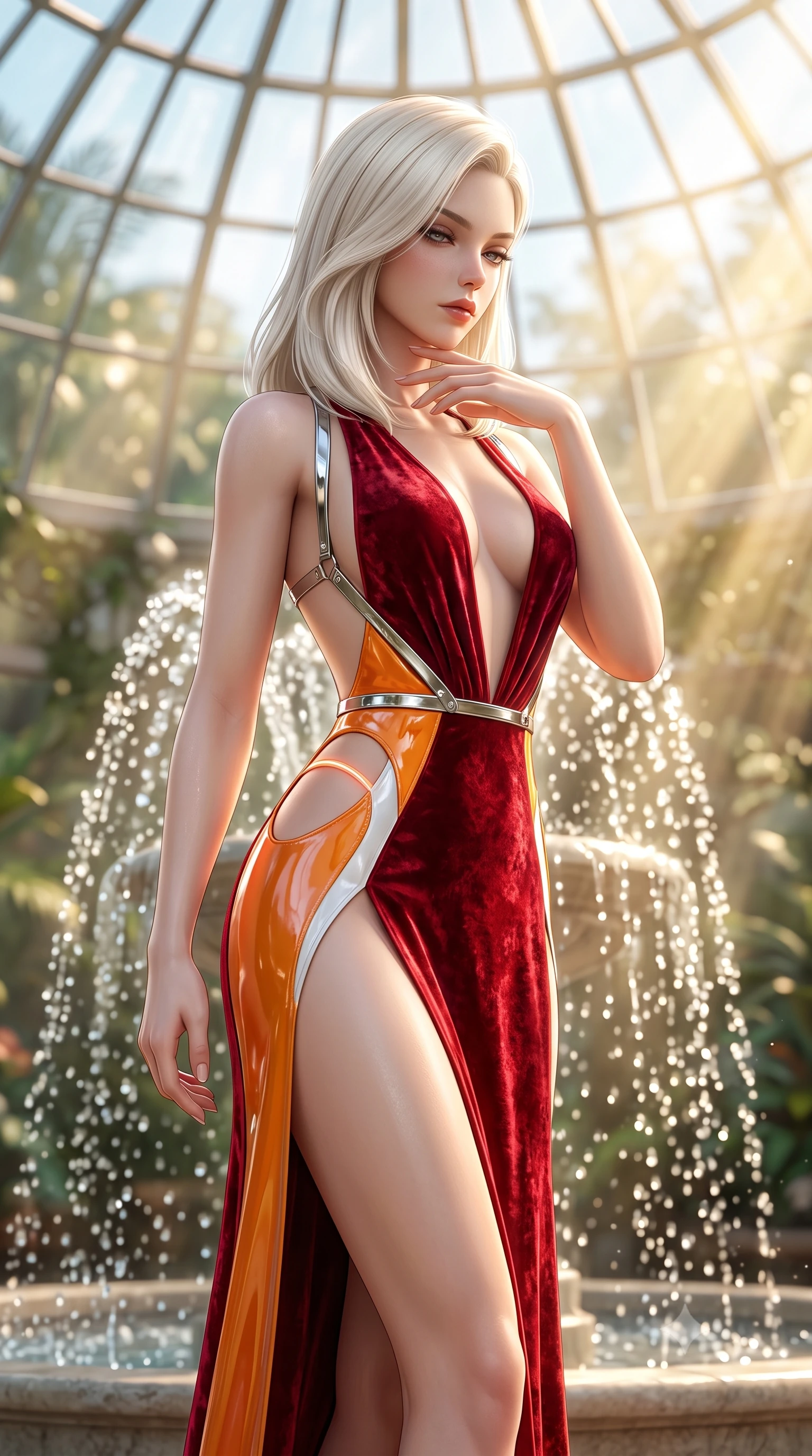 score_9, masterpiece, best quality, ultra-detailed, high-budget anime keyframe, semi-realistic 3D game render, editorial fashion photography, tasteful artistic composition, Caucasian woman. close-up cowboy shot from the waist and thighs up, the character dominates the composition, filling the frame with her large presence. resting her fingers lightly against her throat while looking down with a smoldering, haughty yet intensely captivating glance while pivoting dynamically beside a cascading glasshouse fountain catching intense volumetric sunbeams. The composition keeps background elements in soft focus with creamy bokeh. streaming sunbeams and fountain water droplets softened in a dreamy, warm depth of field. She has an exceptionally elegant, slender, and willowy female figure with an ultra-slim waist, a gracefully sculpted slender torso, toned flat midriff, and a refined slim silhouette. sharp v-shaped jawline, high-bridge nose, intricate jewel-like eyes with depth, thick eyelashes, glossy lips with a natural sheen, flawlessly proportioned anatomical accuracy, strict slender model proportions, natural body alignment, perfectly sculpted long slender limbs, ultra-slim waistline, clean dynamic posture without body distortion. wearing a backless crimson crushed velvet gown with a deep plunging V-neckline, strategic hip cutouts, and an ultra-high thigh slit in vivid sunset amber orange and cloud white, formed from high-gloss patent material with specular light reflections, reinforced by a sleek metallic chrome harness and delicate glowing micro-straps, the form-contouring material adhering flawlessly to her sculpted flat midriff and slender torso, emphasizing her long leg lines and perfectly proportioned willowy build. bathed in intense volumetric golden sunbeams streaming through crystalline glass dome panes. highly saturated vibrant anime colors, detailed shading with soft gradients, rich glossy textures, high-contrast stereoscopic depth, volumetric dynamic lighting, master piece, 9:16 ratio