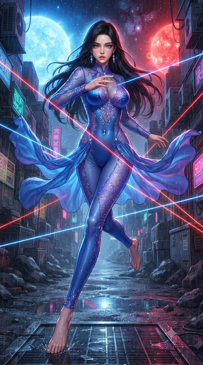 score_9, masterpiece, best quality, ultra-detailed, high-budget anime keyframe, editorial fashion photography, tasteful artistic composition, realistic cosplay photography, Korean woman. low angle full-body shot from head to toe showing her feet, fil