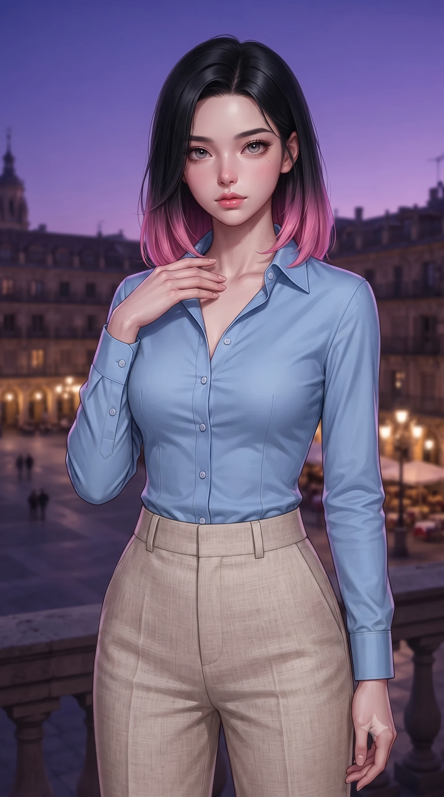 score_9, masterpiece, best quality, ultra-detailed, high-budget anime keyframe, editorial fashion photography, tasteful artistic composition, Korean woman. close-up cowboy shot from the waist and thighs up, the character dominates the composition, filling the frame with her large presence, background elements kept in soft focus. standing with one hand resting on her collarbone, looking at the viewer with bedroom-eyes the background shows a soft-focus a scenic terrace of an opera house overlooking a historic European city plaza at dusk. She has an exceptionally elegant, slender, and willowy female figure with an ultra-slim waist, a gracefully sculpted slender torso, and a refined silhouette. sharp v-shaped jawline, high-bridge nose, intricate jewel-like eyes with depth, thick eyelashes, glossy lips with a natural sheen. wearing a body-hugging tailored sky blue button-down shirt tucked into high-waisted beige linen trousers. deep violet twilight sky glow contrasting with the warm lights of the streetlamps. ultra-reflective glossy finish, specular highlights, metallic sheen, high-contrast stereoscopic depth, volumetric dynamic lighting, 2k, ultra detail, master piece, 9:16 ratio