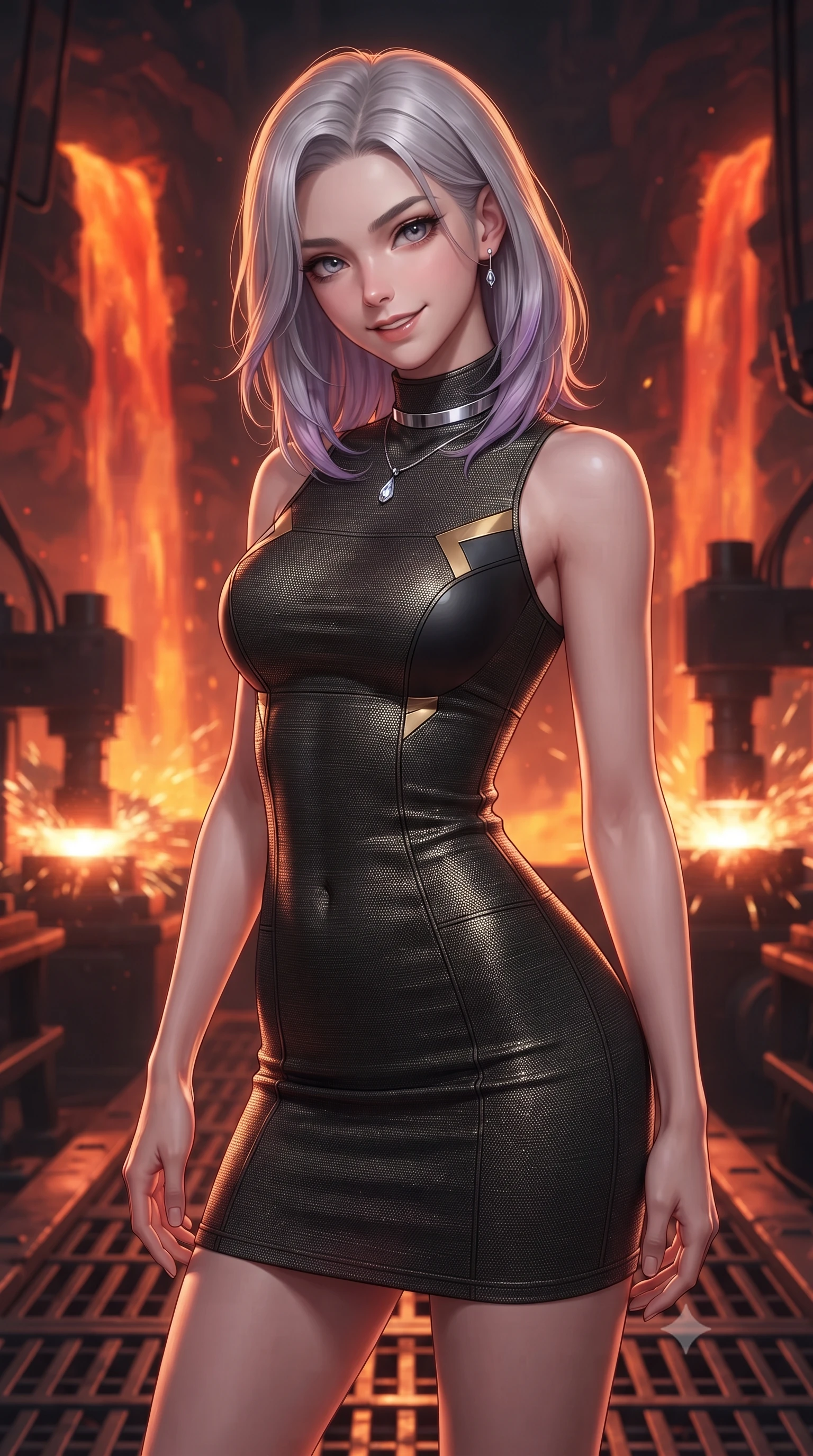 score_9, masterpiece, best quality, ultra-detailed, high-budget anime keyframe, editorial fashion photography, tasteful artistic composition, Caucasian woman. close-up cowboy shot from the waist and thighs up, the character dominates the composition, filling the frame with her large presence. tilting her head with a teasing half-smile, running one hand slowly down the side of her hip in a flirtatious S-curve as ambient light caresses her silhouette while standing poised on the heavy grated catwalk above cascading molten slag waterfalls inside the active volcanic caldera, arching her lower back with sovereign combat poise as automated hydraulic presses slam into white-hot titanium. The background shows a soft-focus shimmering thermal heat haze softened in subterranean volcanic forge shallow focus. She has an exceptionally elegant, slender, and willowy female figure with an ultra-slim waist, flat toned midriff, narrow ribcage, and sculpted feminine hips creating an alluring, slim hourglass silhouette without bulk. sharp v-shaped jawline, high-bridge nose, intricate jewel-like sparkling eyes with depth, thick eyelashes, glossy parted lips with a natural peach sheen, bright cheerful beaming smile with an enchanting and coquettish sensual glint, exuding both youthful cute charm and seductive allure, flawlessly proportioned anatomical accuracy, strict slender model proportions, natural body alignment, perfectly sculpted long slender limbs, ultra-slim waistline, clean dynamic posture without body distortion. wearing a dense bandage-knit tactical officer dress with subtle geometric chest accents contouring her delicate ribcage and feminine hips in singularity accretion gold and space void onyx, tailored from high-density tech-wool with subtle metallic thread weave, finished with a minimalist chrome choker and a single teardrop diamond pendant, the form-contouring silhouette accentuating her sculpted flat midriff, narrow delicate ribcage, and gracefully curvy hips with intoxicating allure. illuminated by molten slag reflection bounce and sharp copper-gold rim lights sculpting her razor-sharp jawline, narrow waist, and curvy hips. ultra-reflective glossy finish, specular highlights, rich textural contrasts, high-contrast stereoscopic depth, volumetric dynamic lighting, 2k, ultra detail, master piece, 9:16 ratio