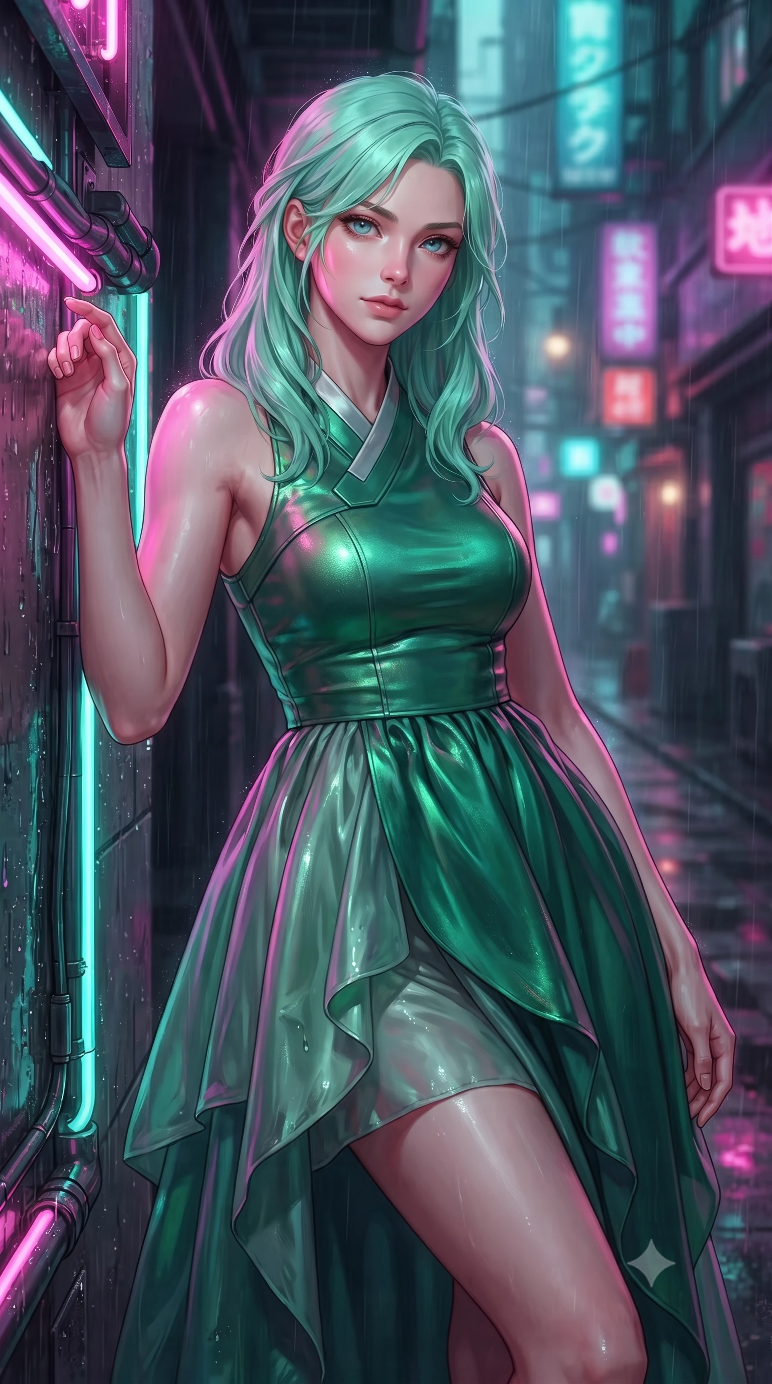 score_9, masterpiece, best quality, ultra-detailed, high-budget anime keyframe, editorial fashion photography, tasteful artistic composition, Japanese woman woman. close-up cowboy shot from the waist and thighs up, the character dominates the composition, filling the frame with her large presence, background elements kept in soft focus. She has an exceptionally elegant, slender, and willowy female figure with an ultra-slim waist, a gracefully sculpted slender torso, and a refined silhouette. leaning back effortlessly against the surrounding architecture with an air of magnetic superiority, flawlessly proportioned anatomical accuracy, natural body alignment, perfectly sculpted elegant limbs, clean dynamic posture without body distortion. set against a soft-focus background of a cyberpunk alley with wet asphalt reflecting rain. wearing a modern fusion silk hanbok dress with a structured emerald bodice and flowing layered skirt. drenched in wet neon reflections of magenta and turquoise casting glossy specular highlights. ultra-reflective glossy finish, specular highlights, metallic sheen, high-contrast stereoscopic depth, volumetric dynamic lighting, 2k, ultra detail, master piece, 9:16 ratio