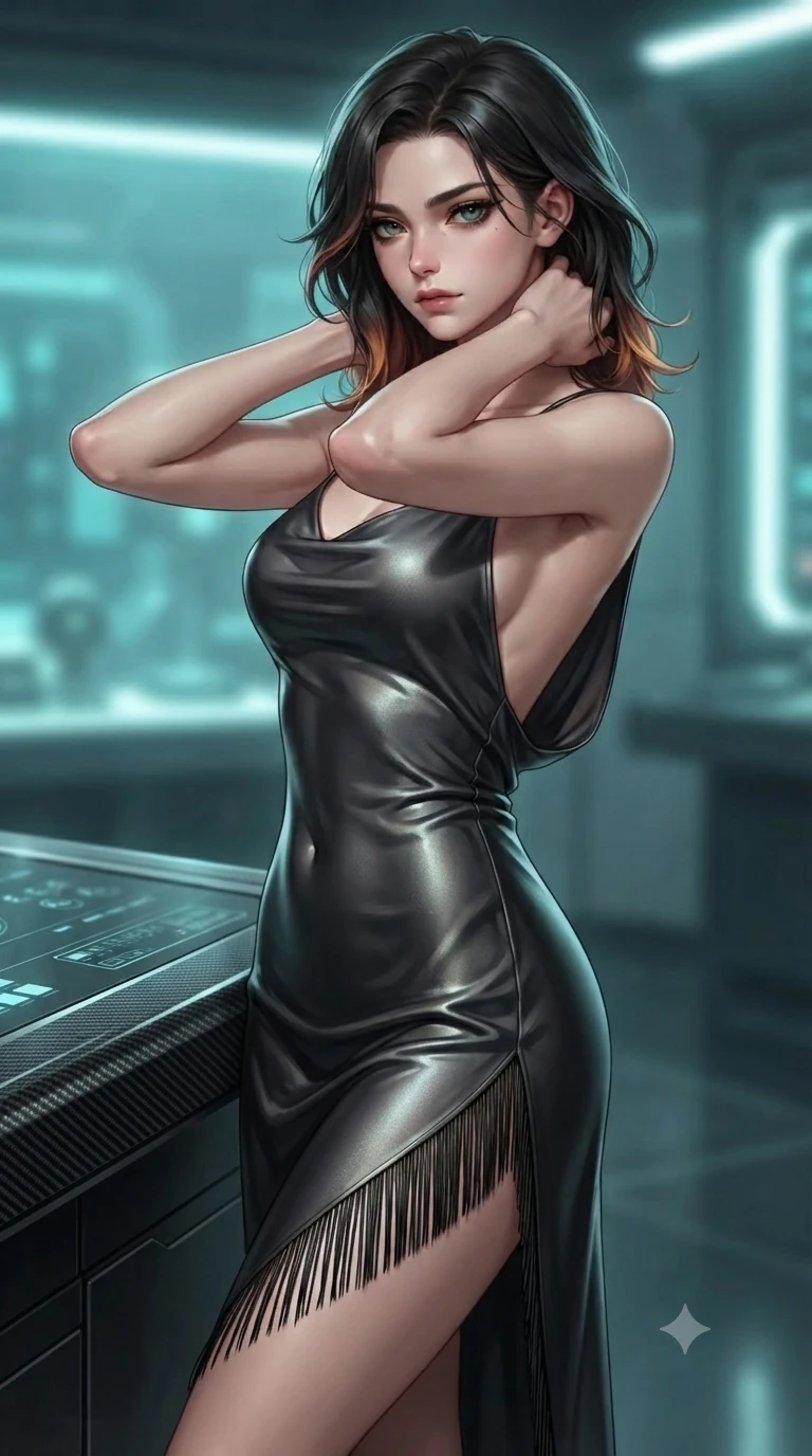 score_9, masterpiece, best quality, ultra-detailed, high-budget anime keyframe, editorial fashion photography, tasteful artistic composition, Korean woman. close-up cowboy shot from the waist and thighs up, the character dominates the composition, filling the frame with her large presence. resting both hands lightly behind her neck with elbows raised, arching her spine to highlight her narrow waist and flat midriff while leaning against the carbon-fiber console with hips cocked back, looking through lowered lashes with quiet, sovereign technological superiority. The background shows a soft-focus subterranean high-tech laboratory softened in cybernetic sanctuary shallow focus. She has an exceptionally elegant, slender, and willowy female figure with an ultra-slim waist, flat toned midriff, narrow ribcage, and sculpted feminine hips creating an alluring, slim hourglass silhouette without bulk. sharp v-shaped jawline, high-bridge nose, intricate jewel-like dark sparkling eyes with hypnotic seductive depth, thick curled eyelashes, glossy parted lips with a natural wine sheen, alluring bedroom-eyes with an enigmatic smoldering smile, exuding magnetic sovereign charisma and dark avant-garde glamour, flawlessly proportioned anatomical accuracy, strict slender model proportions, natural body alignment, perfectly sculpted long slender limbs, ultra-slim waistline, clean dynamic posture without body distortion. wearing a form-contouring gossamer silk chiffon slip dress with hip-high slit and open cowl back clinging with mist in pure obsidian monochrome with subtle metallic sheen, made of fluid liquid jersey with seamless sculpting hold and smooth contours, finished with delicate jet-black micro-fringe fluttering softly along her hips with each step, the precision-cut side openings and low-back scoop framing her graceful spine and the sensual sweep of her slim, toned hips. surrounded by a cool cybernetic aura with intense edge lighting and glowing cyan stasis backlights. ultra-reflective glossy finish, specular highlights, metallic sheen, high-contrast stereoscopic depth, volumetric dynamic lighting, 2k, ultra detail, master piece, 9:16 ratio