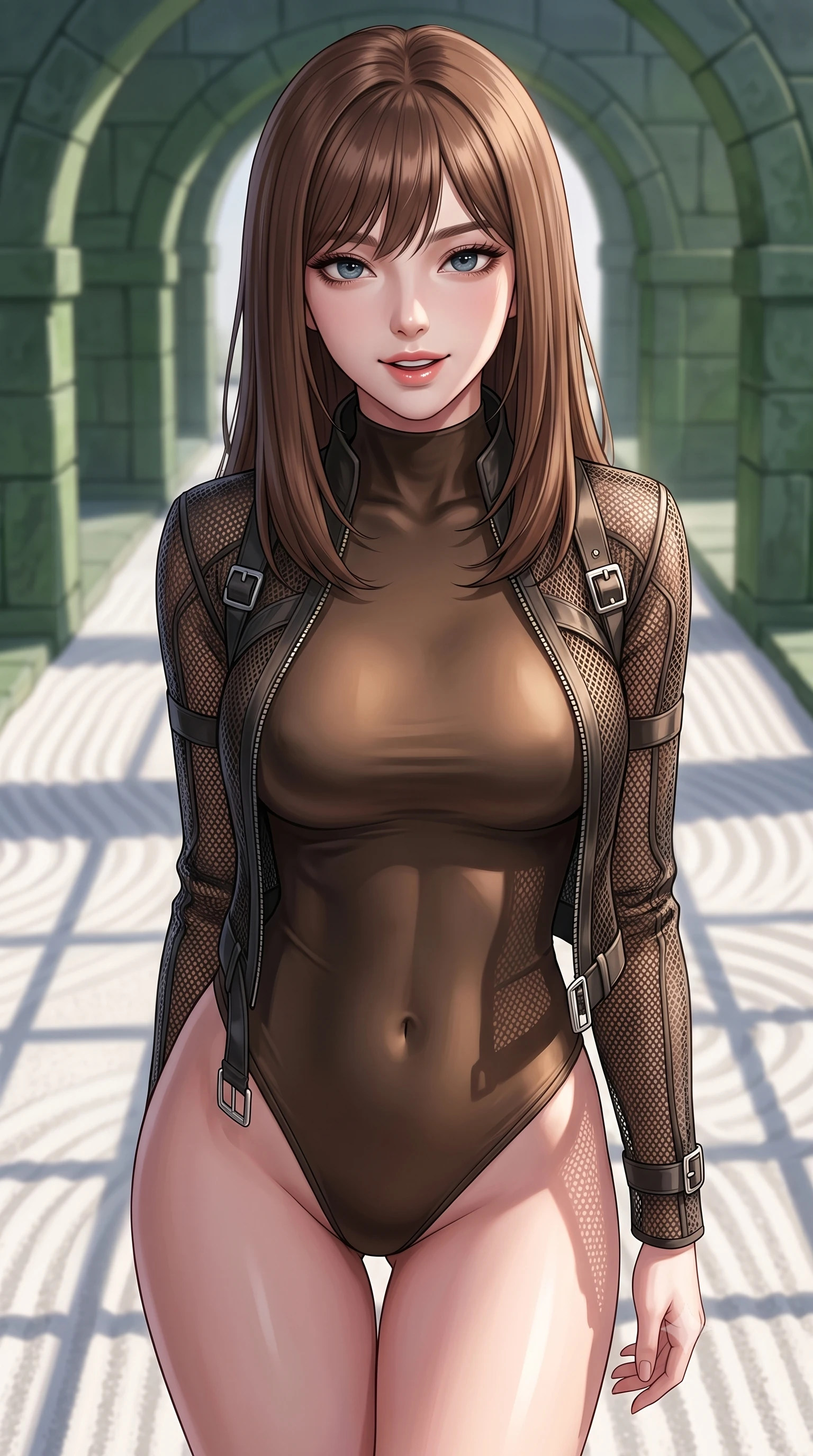 score_9, masterpiece, best quality, ultra-detailed, high-budget anime keyframe, editorial fashion photography, tasteful artistic composition, Korean woman. close-up cowboy shot from the waist and thighs up, the character dominates the composition, filling the frame with her large presence, background elements kept in soft focus. leaning slightly forward with a playful, teasing smile, her gaze locked onto the viewer with lips parted in a composed pose, the background shows a soft-focus an orchid vault path with raked white sand and structured green stone arches. She has an exceptionally elegant, slender, and willowy female figure with an ultra-slim waist, a gracefully sculpted slender torso, and a refined silhouette. sharp v-shaped jawline, high-bridge nose, intricate jewel-like eyes with depth, thick eyelashes, glossy lips with a natural sheen. wearing a body-hugging form-fitting high-neck bodysuit in dark bronze, worn under a tailored open carbon-mesh tactical jacket. crisp morning sunlight casting sharp, clean grid shadows across the sand. highly saturated vibrant anime colors, detailed shading with soft gradients, rich glossy textures, high-contrast stereoscopic depth, volumetric dynamic lighting, master piece, 9:16 ratio