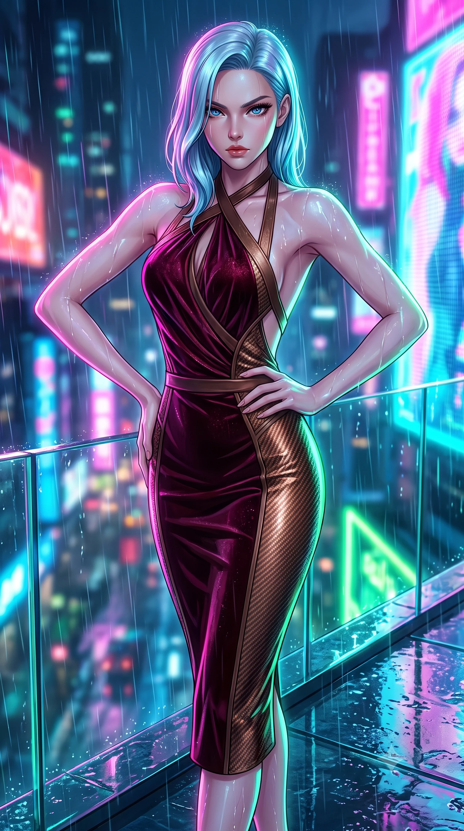 score_9, masterpiece, best quality, ultra-detailed, high-budget anime keyframe, editorial fashion photography, tasteful artistic composition, Korean woman. close-up cowboy shot from the waist and thighs up, the character dominates the composition, filling the frame with her large presence, background elements kept in soft focus. Holding a powerful dynamic pose with one hand on her hip and body angled dramatically toward the key light while standing dynamically on the glass ledge of a 100th-floor rooftop during a neon rainstorm, wet glass surfaces casting glossy specular highlights from surrounding billboards. She has an exceptionally elegant, slender, and willowy female figure with an ultra-slim waist, a gracefully sculpted slender torso, and a refined silhouette. sharp v-shaped jawline, high-bridge nose, intricate jewel-like eyes with depth, thick eyelashes, glossy lips with a natural sheen, flawlessly proportioned anatomical accuracy, natural body alignment, perfectly sculpted elegant limbs, clean dynamic posture without body distortion. wearing a velvet halter-neck midi dress following her form like a glove in deep burgundy and bronze, made of fine carbon-fiber weave and soft matte leather, complemented by criss-cross back straps highlighting her bare shoulders, the elegant draped fit framing her graceful clavicle and slender torso. drenched in wet neon reflections with brilliant specular highlights on her silhouette. highly saturated vibrant anime colors, detailed shading with soft gradients, rich glossy textures, high-contrast stereoscopic depth, volumetric dynamic lighting, master piece, 9:16 ratio