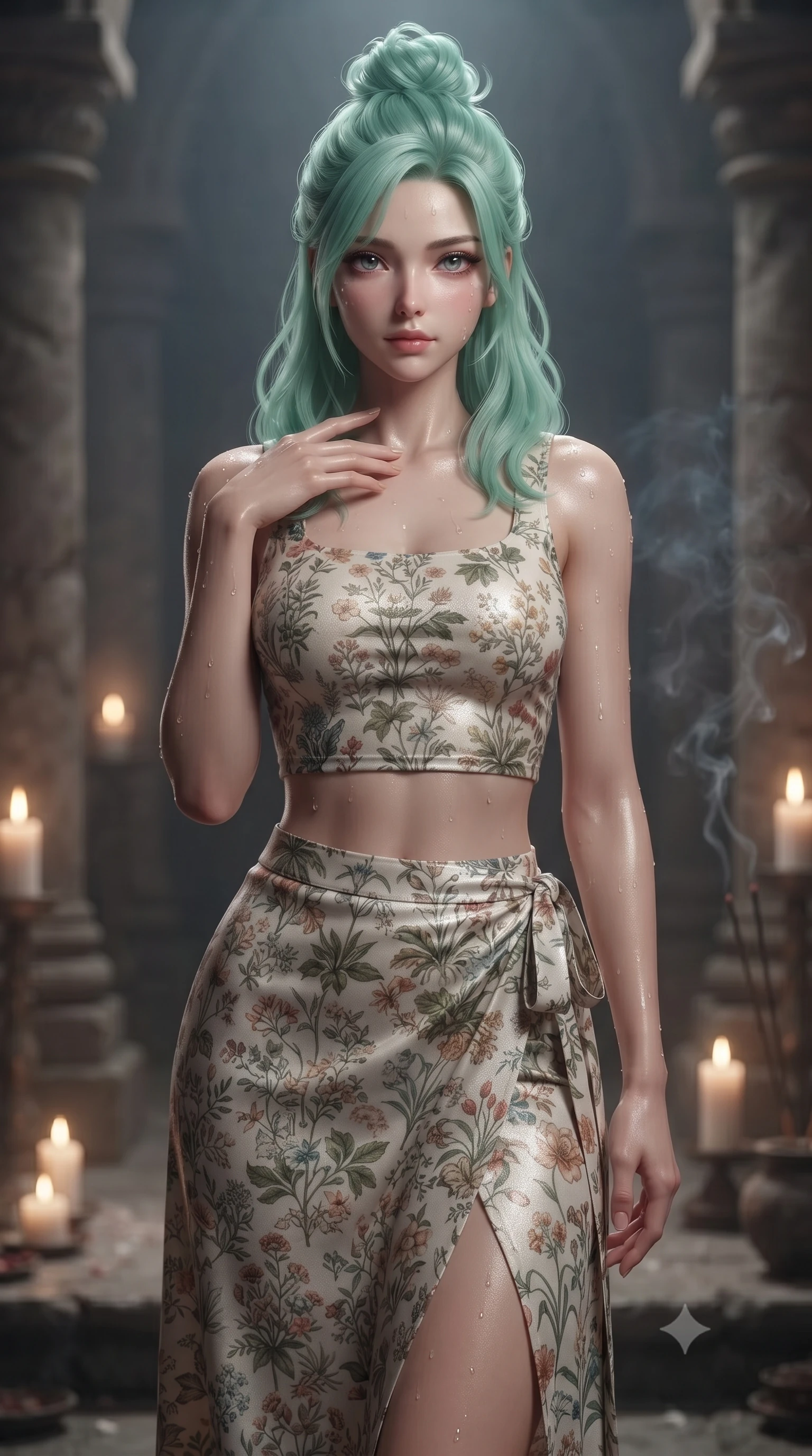 score_9, masterpiece, best quality, ultra-detailed, high-budget anime keyframe, editorial fashion photography, tasteful artistic composition, Japanese woman woman. close-up cowboy shot from the waist and thighs up, the character dominates the composition, filling the frame with her large presence, background elements kept in soft focus. standing with one hand resting on her collarbone, looking at the viewer with bedroom-eyes the background shows a soft-focus a quiet sanctuary chamber with stone pillars, floating candles, and incense smoke. She has an exceptionally elegant, slender, and willowy female figure with an ultra-slim waist, a gracefully sculpted slender torso, and a refined silhouette. sharp v-shaped jawline, high-bridge nose, intricate jewel-like eyes with depth, thick eyelashes, glossy lips with a natural sheen. wearing a body-hugging summer vacation crop top and wrap skirt set in floral print cotton, showing her slim waist. soft flickering candle glow refracting through the moving water droplets. ultra-reflective glossy finish, specular highlights, metallic sheen, high-contrast stereoscopic depth, volumetric dynamic lighting, 2k, ultra detail, master piece, 9:16 ratio