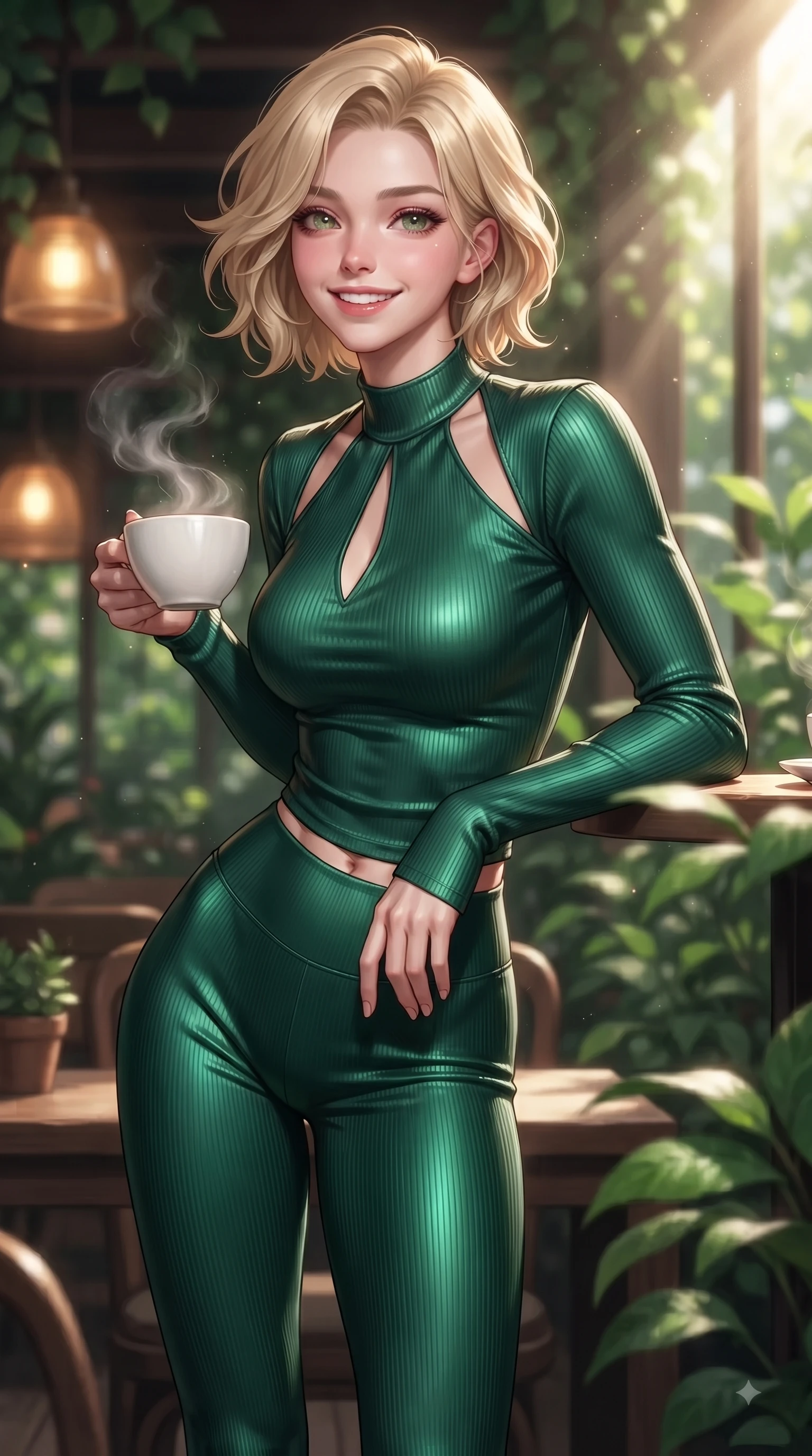 score_9, masterpiece, best quality, ultra-detailed, high-budget anime keyframe, editorial fashion photography, tasteful artistic composition, Caucasian woman. close-up cowboy shot from the waist and thighs up, the character dominates the composition, filling the frame with her large presence, background elements kept in soft focus. Cheerful beaming smile with sparkling eyes and a fresh girlhood aura, leaning forward with playful grace while pivoting gracefully on a secluded wooden cafe terrace enveloped by lush green garden foliage, steam rising gracefully from a porcelain latte cup catching bright sunbeams. She has an exceptionally elegant, slender, and willowy female figure with an ultra-slim waist, a gracefully sculpted slender torso, and a refined silhouette. sharp v-shaped jawline, high-bridge nose, intricate jewel-like eyes with depth, thick eyelashes, glossy lips with a natural sheen, flawlessly proportioned anatomical accuracy, natural body alignment, perfectly sculpted elegant limbs, clean dynamic posture without body distortion. wearing a form-fitting ribbed activewear set with elegant collar cutouts in deep emerald green and silver accent, crafted from lustrous satin jersey with fluid draping, accented with a Tasteful chest slit framing her clavicle gracefully, the elegant draped fit framing her graceful clavicle and slender torso. illuminated by soft glowing amber indoor lamps and gentle greenery reflections. ultra-reflective glossy finish, specular highlights, metallic sheen, high-contrast stereoscopic depth, volumetric dynamic lighting, 2k, ultra detail, master piece, 9:16 ratio