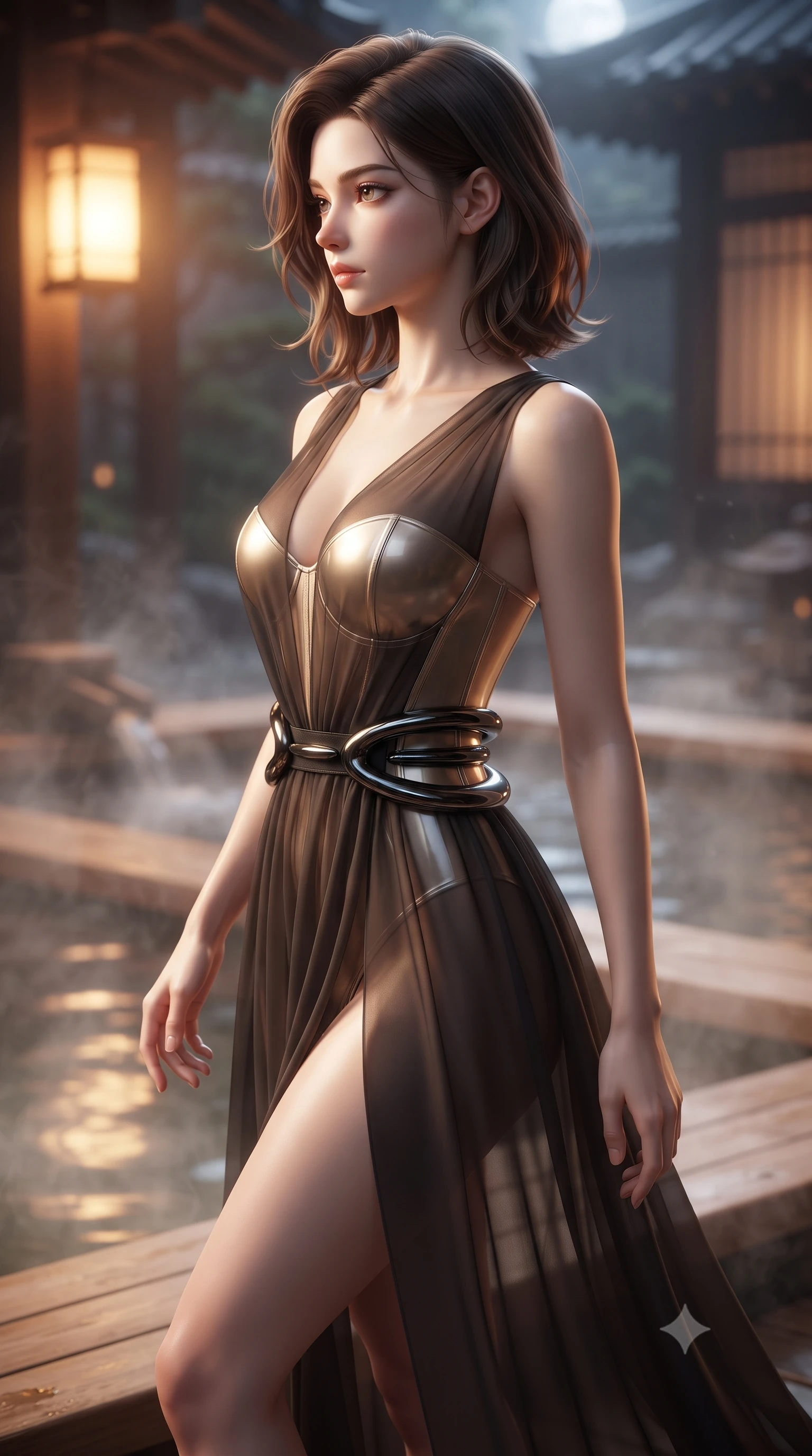 score_9, masterpiece, best quality, ultra-detailed, high-budget anime keyframe, editorial fashion photography, tasteful artistic composition, Korean woman. close-up cowboy shot from the waist and thighs up, the character dominates the composition, filling the frame with her large presence, background elements kept in soft focus. Turning her face in sharp dramatic profile against the key light, stepping gracefully onto a warm cedar walkway surrounded by steaming thermal water, sensual oriental luxury aesthetic with quiet magnetic charm. She has an exceptionally elegant, slender, and willowy female figure with an ultra-slim waist, a gracefully sculpted slender torso, and a refined silhouette. sharp v-shaped jawline, high-bridge nose, intricate jewel-like eyes with depth, thick eyelashes, glossy lips with a natural sheen. wearing semi-opaque sheer dark chiffon gown revealing structured corset silhouette in champagne gold, made of high-gloss liquid vinyl, accented with sculpted obsidian chrome rings at the waist, following her slender form with tailored precision. illuminated by warm amber lantern glow and cold silver moonlight contrast. ultra-reflective glossy finish, specular highlights, metallic sheen, high-contrast stereoscopic depth, volumetric dynamic lighting, 2k, ultra detail, master piece, 9:16 ratio