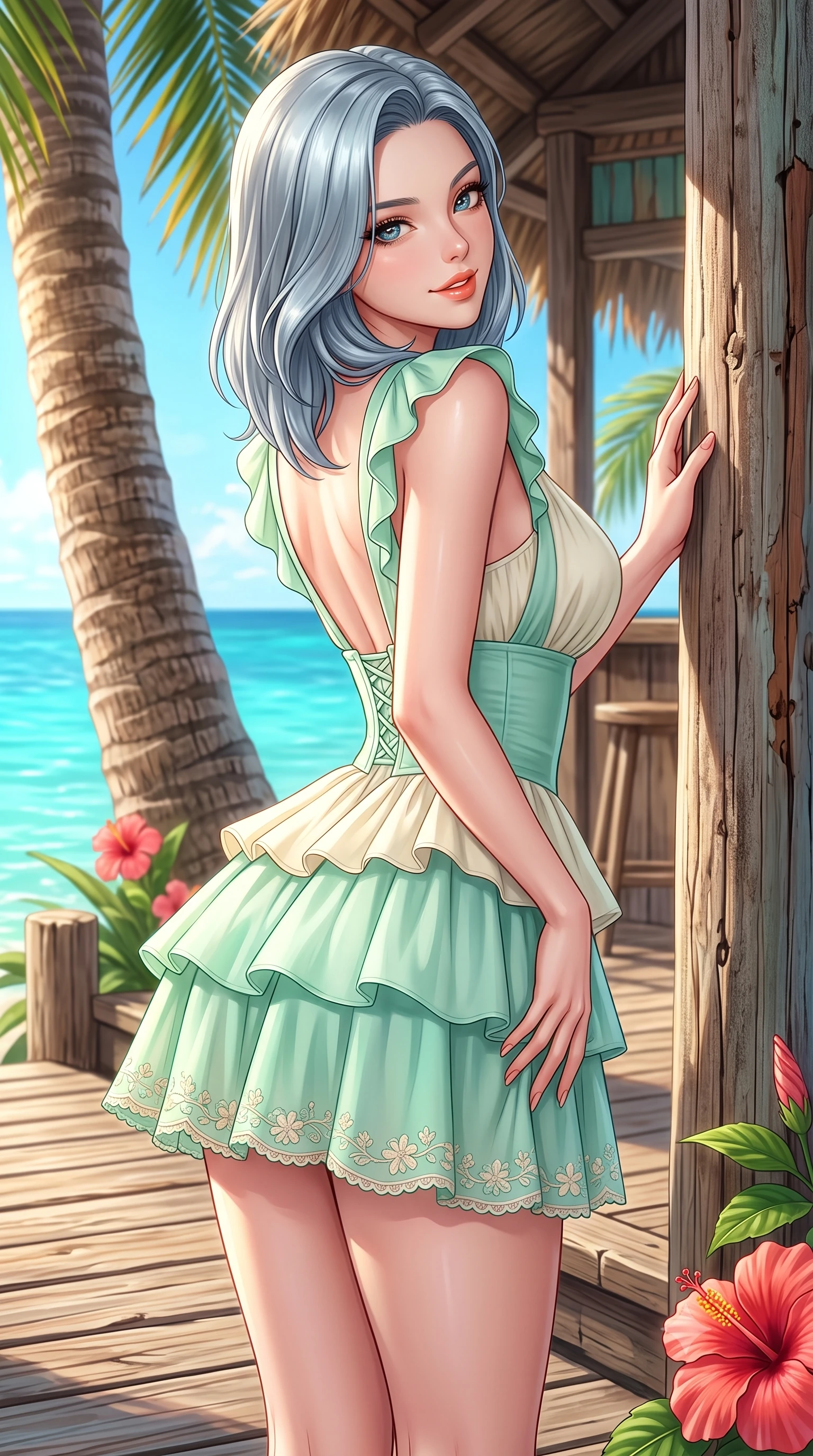 score_9, masterpiece, best quality, ultra-detailed, high-budget anime keyframe, semi-realistic 3D game render, editorial fashion photography, tasteful artistic composition, Korean woman. close-up cowboy shot from the waist and thighs up, the character dominates the composition, filling the frame with her large presence. tilting her head with a cute beaming smile while arching her spine with effortless dancer poise, one hand sliding along her hip line in a flirtatious S-curve while leaning against a rustic surf shack post with hips cocked back, looking over her shoulder with playful, athletic bedroom-eyes. The surrounding environment is rendered in vivid detail and crisp panoramic clarity. sharp palm trunk textures, weathered timber boardwalk planks, and tropical hibiscus petal venation in deep focus. She has an exceptionally elegant, slender, and willowy female figure with an ultra-slim waist, flat toned midriff, narrow ribcage, and sculpted feminine hips creating an alluring, slim hourglass silhouette without bulk. sharp v-shaped jawline, high-bridge nose, intricate jewel-like sparkling eyes with depth, thick eyelashes, glossy parted lips with a natural peach sheen, bright cheerful beaming smile with an enchanting and coquettish sensual glint, exuding both youthful cute charm and seductive allure, flawlessly proportioned anatomical accuracy, strict slender model proportions, natural body alignment, perfectly sculpted long slender limbs, ultra-slim waistline, clean dynamic posture without body distortion. wearing a tiered ruffled chiffon mini dress with a fitted corseted waist and open back in refreshing mint green and soft vanilla cream, crafted from soft cozy cashmere yarn with an airy drape, complemented by delicate embroidered floral trim along the hem, the glove-like silhouette tightly following the natural contour of her hips and long slender legs with youthful 8.5-heads elegance. bathed in brilliant tropical afternoon golden sunlight and radiant turquoise water bounce fill. highly saturated vibrant anime colors, detailed shading with soft gradients, rich glossy textures, high-contrast stereoscopic depth, volumetric dynamic lighting, master piece, 9:16 ratio