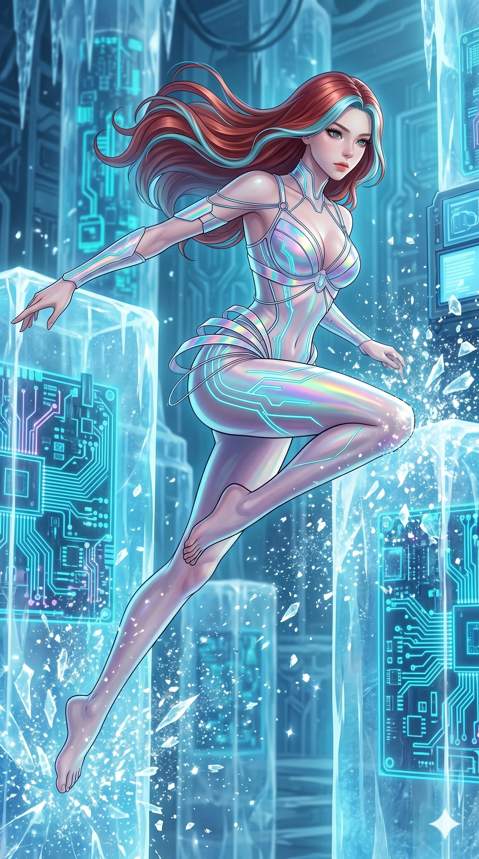 score_9, masterpiece, best quality, ultra-detailed, high-budget anime keyframe, Korean woman. upper body close-up from the thighs up, character filling the screen for maximum presence. leaping inside a sub-zero cybernetic ice temple, where glowing neon cyan computer circuit boards are frozen within transparent ice pillars, fracturing ice crystals into sparkles around her. She has an absolutely perfect 8-heads proportion, an exceptionally tall and slender female figure with impossibly long slender legs and an ultra-slim waist. V-shaped jawline, high-bridge nose, intricate jewel-like eyes with depth, thick eyelashes, glossy lips with a natural sheen.. wearing a holographic ribbon shell armor, featuring thin iridescent plates linked by wire straps over a sleek contouring base. lit by a soft glowing ambient light and a sharp side key light that traces the sleek contours of her athletic build. 2k, ultra detail, master piece, 9:16 ratio
