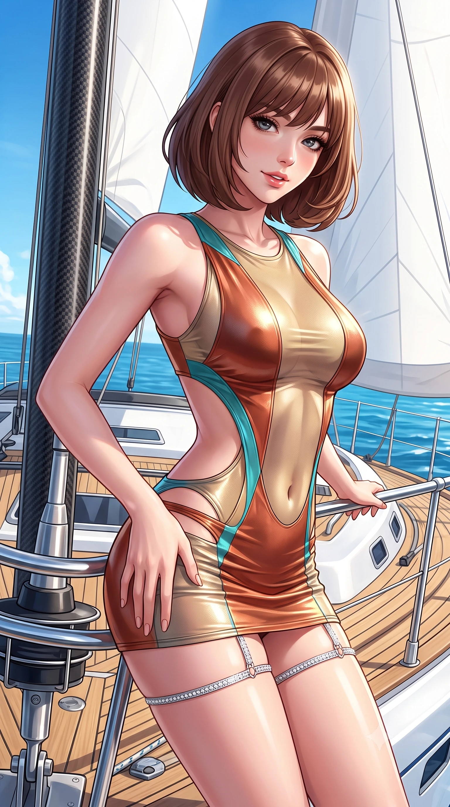 score_9, masterpiece, best quality, ultra-detailed, high-budget anime keyframe, semi-realistic 3D game render, editorial fashion photography, tasteful artistic composition, Caucasian woman. close-up cowboy shot from the waist and thighs up, the character dominates the composition, filling the frame with her large presence. tilting her head with a teasing half-smile, running one hand slowly down the side of her hip in a flirtatious S-curve as ambient light caresses her silhouette while leaning against the yacht stainless steel pulpit railing with hips cocked back, looking into the lens with an irresistible bedroom-gaze. The surrounding environment is rendered in vivid detail and crisp panoramic clarity: sharp teak caulking seams, carbon-fiber mast weave, and polished titanium deck hardware in deep focus. She has an exceptionally elegant, slender, and willowy female figure with an ultra-slim waist, flat toned midriff, narrow ribcage, and sculpted feminine hips creating an alluring, slim hourglass silhouette without bulk. sharp v-shaped jawline, high-bridge nose, sparkling eyes with hypnotic seductive depth, thick curled eyelashes, glossy parted lips with a natural dewy peach sheen, alluring bedroom-eyes with an enchanting coquettish smile, exuding magnetic siren charisma and sophisticated glamour, flawlessly proportioned anatomical accuracy, strict slender model proportions, natural body alignment, perfectly sculpted long slender limbs, ultra-slim waistline, clean dynamic posture without body distortion. wearing a liquid metallic lamé one-piece swim dress clinging like a second skin with hip-high side cutouts in terracotta rust and desert sand gold with turquoise accents, made of semi-opaque stretch illusion mesh with soft shadowy contours, finished with delicate crystal-encrusted thigh garter straps glinting in the sunlight, the second-skin tailored fabric adhering flawlessly to her sculpted flat midriff and slender torso, emphasizing her long leg lines and perfectly proportioned willowy build. bathed in intense maritime sunlight reflecting from open Mediterranean waters and crisp white sails. highly saturated vibrant anime colors, detailed shading with soft gradients, rich glossy textures, high-contrast stereoscopic depth, volumetric dynamic lighting, master piece, 9:16 ratio