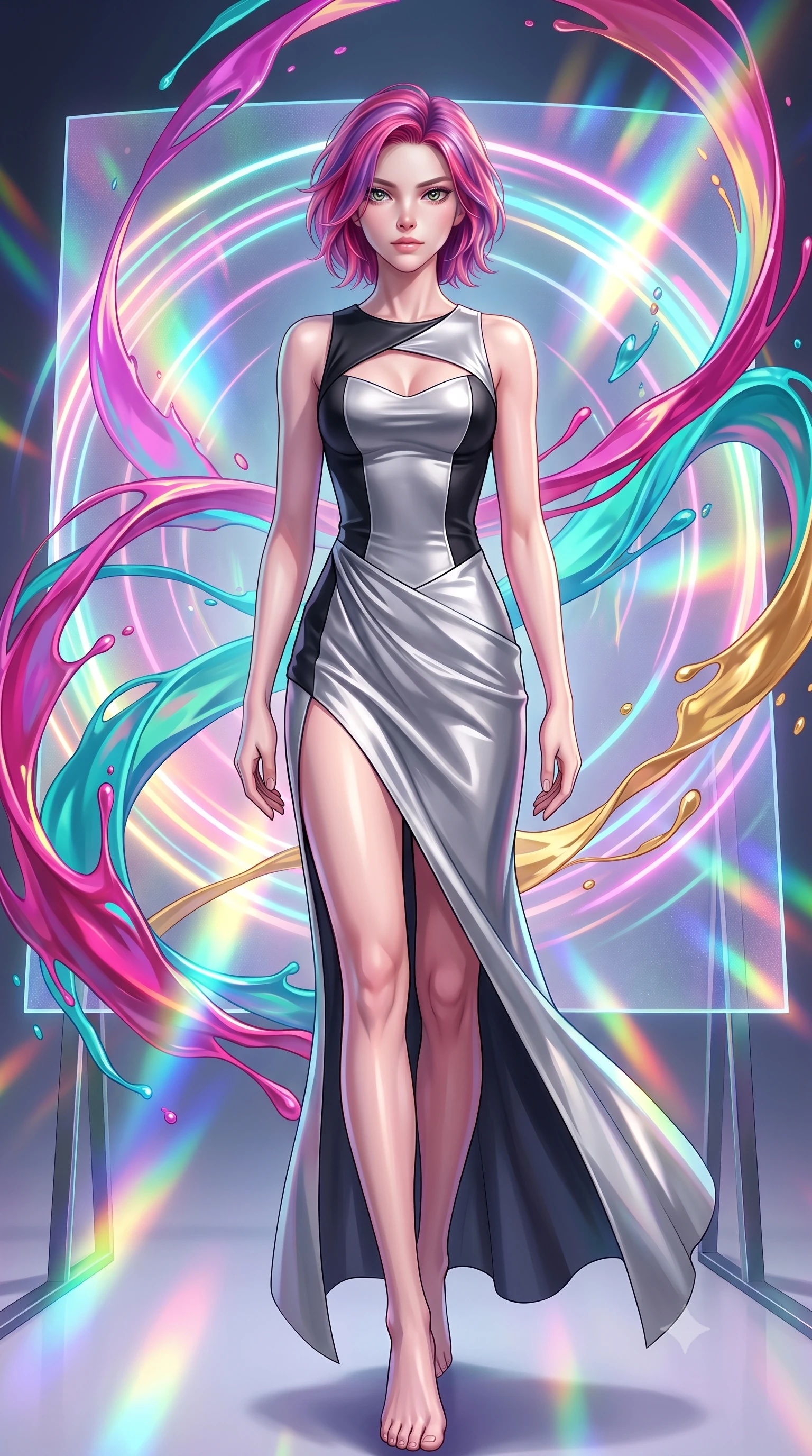 score_9, masterpiece, best quality, ultra-detailed, high-budget anime keyframe, editorial fashion photography, tasteful artistic composition, Caucasian woman. low angle full-body shot from head to toe showing her feet, filling the entire 9:16 vertical frame with her statuesque presence, stretching her vertical silhouette. forging dynamically through the scene, her vertical silhouette beautifully stretched poised before a giant holographic canvas emitting luminous color arcs, swirling ribbons of magenta, turquoise, and gold liquid paint in zero-gravity. She has an absolutely perfect, statuesque 8.5-heads proportion, an exceptionally tall and slender model-like female figure with impossibly long slender legs and an ultra-slim waist. sharp v-shaped jawline, high-bridge nose, intricate jewel-like eyes with depth, thick eyelashes, glossy lips with a natural sheen. wearing a modern fusion silk hanbok dress with a structured bodice in matte black and polished silver, crafted from lustrous satin jersey with fluid draping, accented with a Tasteful chest slit framing her clavicle gracefully, the form-contouring material highlighting her ultra-slim waist and long lines. illuminated by brilliant multi-color rainbow light refracting through glass. highly saturated vibrant anime colors, detailed shading with soft gradients, rich glossy textures, high-contrast stereoscopic depth, volumetric dynamic lighting, master piece, 9:16 ratio