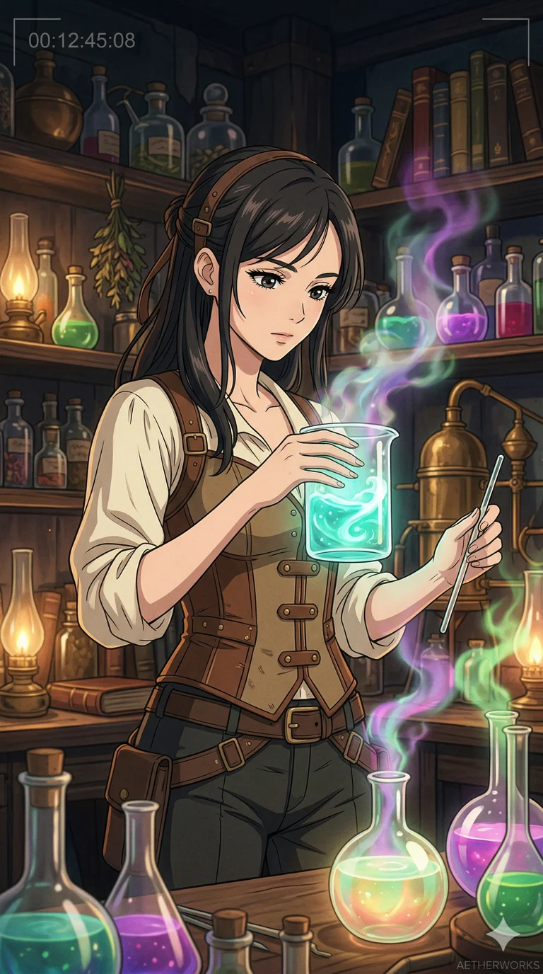 score_9, masterpiece, best quality, ultra-detailed, high-budget anime keyframe, an incredibly beautiful Japanese woman. Medium shot of upper body focusing on her alluring features and slim-fit silhouette, filling the vertical 9:16 frame. She is an alchemist brewing a glowing potion. She has an absolutely perfect 8-heads proportion, an exceptionally tall and slender female figure with impossibly long slender legs and an ultra-slim waist. Her face is a flawless masterpiece with a sharp v-shaped jawline, high-bridge nose, expressive jewel-like eyes, thick eyelashes, and perfectly glossy lips. She is wearing a seductive steampunk corset with exposed midriff. A cluttered alchemy lab filled with bubbling colorful flasks and magical smoke., 2k, ultra detail, master piece, 9:16 ratio