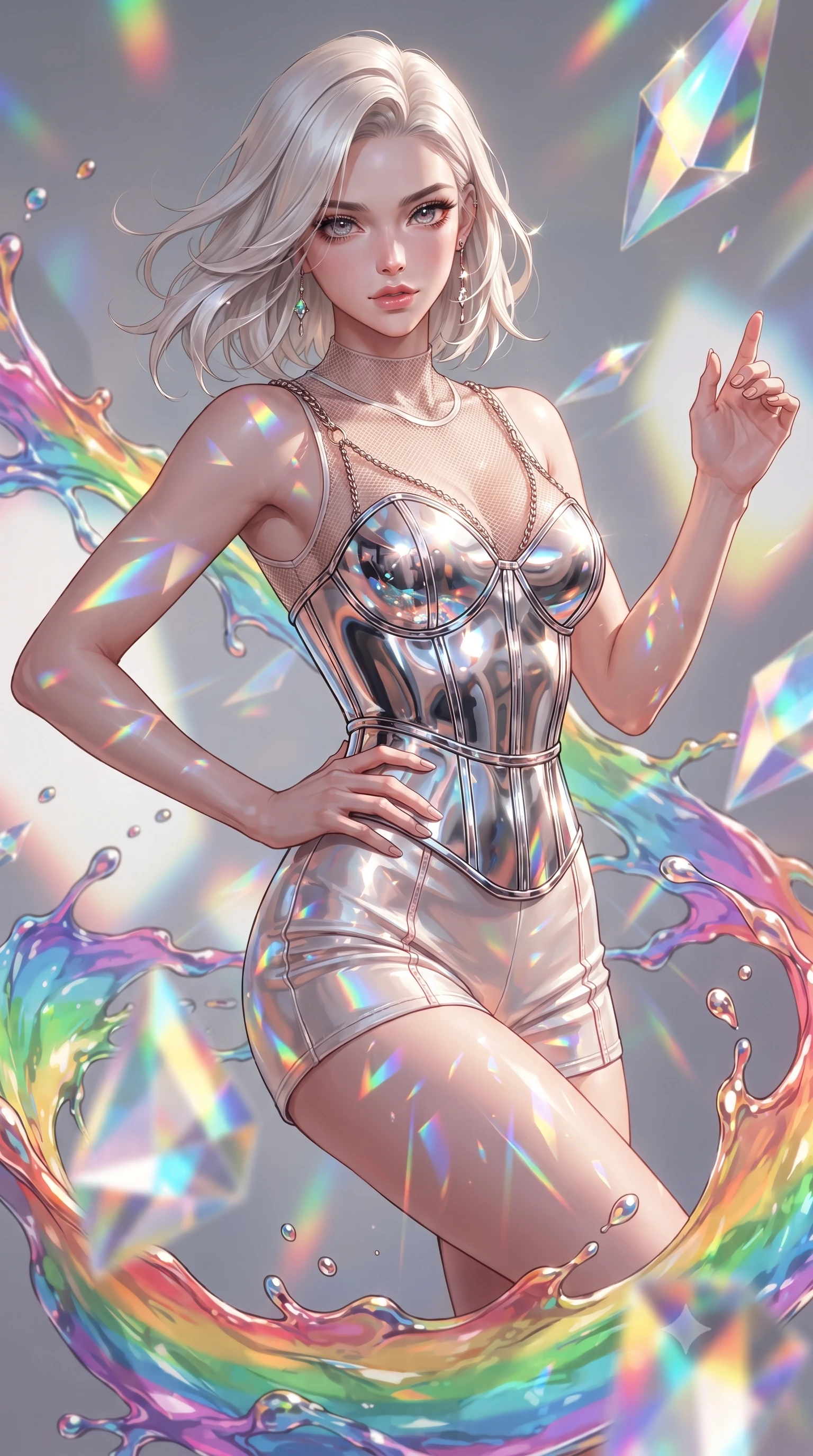 score_9, masterpiece, best quality, ultra-detailed, high-budget anime keyframe, editorial fashion photography, tasteful artistic composition, Caucasian woman. close-up cowboy shot from the waist and thighs up, the character dominates the composition, filling the frame with her large presence, background elements kept in soft focus. Holding a powerful dynamic pose with one hand on her hip and body angled dramatically toward the key light while performing a dynamic mid-air rotation amidst swirling rainbow liquid acrylic splashes, a kaleidoscope of refractions forming geometric laser patterns across her form. She has an exceptionally elegant, slender, and willowy female figure with an ultra-slim waist, a gracefully sculpted slender torso, and a refined silhouette. sharp v-shaped jawline, high-bridge nose, intricate jewel-like eyes with depth, thick eyelashes, glossy lips with a natural sheen, flawlessly proportioned anatomical accuracy, natural body alignment, perfectly sculpted elegant limbs, clean dynamic posture without body distortion. wearing a chrome-plated structured bodice worn over a sheer mesh top and micro-shorts in pearl white and rose gold, tailored from high-gloss patent leather, adorned with delicate metallic chain straps along the neckline, the sleek second-skin texture accentuating her magnetic presence. bathed in brilliant multi-color rainbow light refracting through floating glass prisms. ultra-reflective glossy finish, specular highlights, metallic sheen, high-contrast stereoscopic depth, volumetric dynamic lighting, 2k, ultra detail, master piece, 9:16 ratio