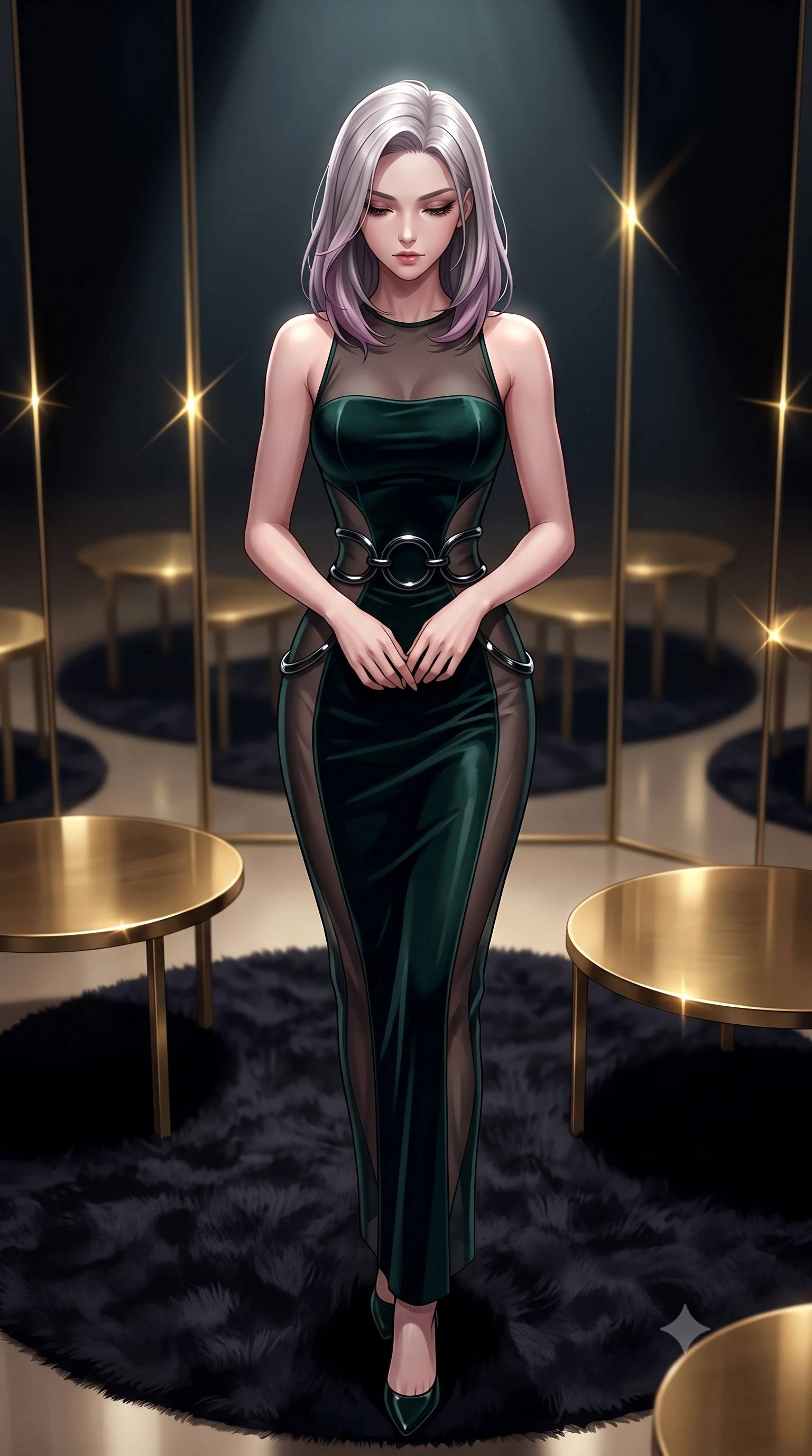 score_9, masterpiece, best quality, ultra-detailed, high-budget anime keyframe, editorial fashion photography, tasteful artistic composition, Caucasian woman. close-up cowboy shot from the waist and thighs up, the character dominates the composition, filling the frame with her large presence, background elements kept in soft focus. Looking down with lowered lashes and a composed, powerful dark aura, poised on a dark velvet rug surrounded by low warm brass coffee tables, polished mirror panels glinting with sharp golden specular highlights. She has an exceptionally elegant, slender, and willowy female figure with an ultra-slim waist, a gracefully sculpted slender torso, and a refined silhouette. sharp v-shaped jawline, high-bridge nose, intricate jewel-like eyes with depth, thick eyelashes, glossy lips with a natural sheen. wearing sculpted form-fitting dark velvet column gown in pitch black in deep emerald green, made of sheer dark organza overlay, accented with sculpted obsidian chrome rings at the waist, contouring every curve with an exceptionally elegant silhouette. bathed in dramatic chiaroscuro with a single sharp key ray from above. highly saturated vibrant anime colors, detailed shading with soft gradients, rich glossy textures, high-contrast stereoscopic depth, volumetric dynamic lighting, master piece, 9:16 ratio