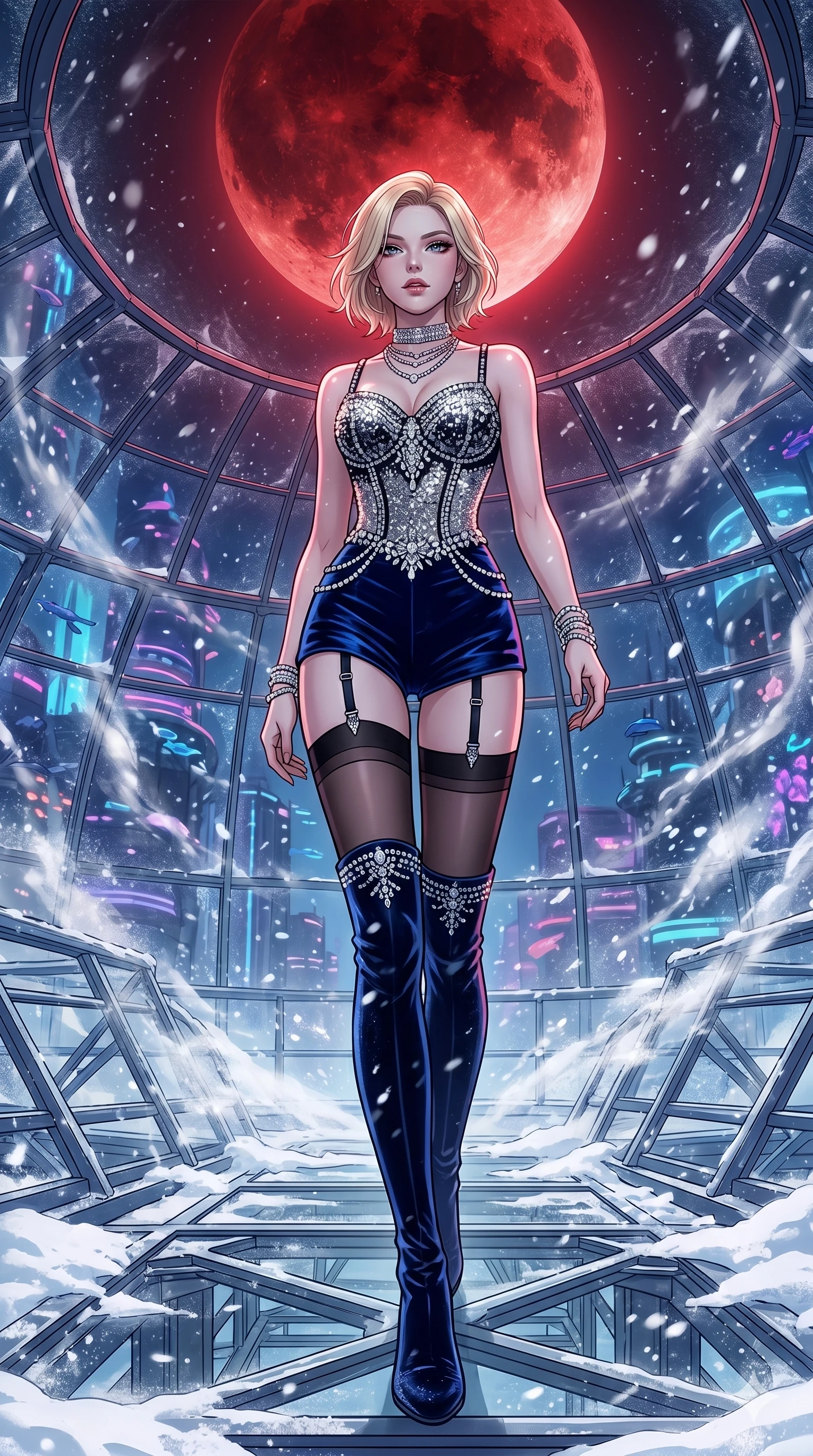 score_9, masterpiece, best quality, ultra-detailed, high-budget anime movie keyframe, cinematic anime lighting, intricate line art, Japanese woman. Low angle cowboy shot filling the entire 9:16 frame with her statuesque presence. walking through a blizzard in a underwater city dome under a blood moon. She has an absolutely perfect 8-heads proportion, an exceptionally tall and slender female figure with an ultra-slim waist and impossibly long slender legs. sharp v-shaped jawline, high-bridge nose, intricate jewel-like eyes, thick eyelashes, glossy lips. Wearing luxurious K-pop idol stage outfit featuring a sparkling sequined corset, high-cut velvet shorts, and sheer silk stockings with garter belts, accessorized with crystal chokers. The scene is illuminated by dramatic atmospheric lighting and vibrant color palettes. , 2k, ultra detail, master piece, 9:16 ratio