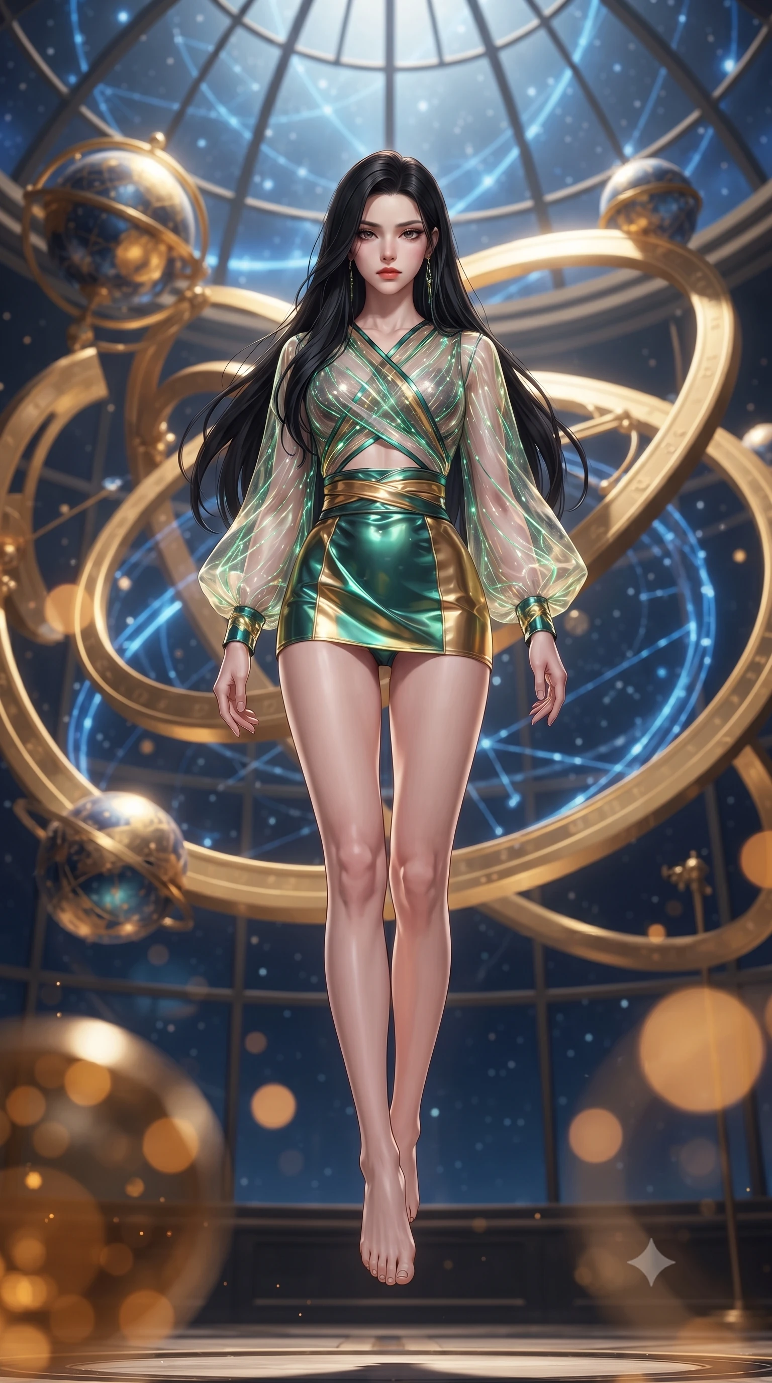 score_9, masterpiece, best quality, ultra-detailed, high-budget anime keyframe, editorial fashion photography, tasteful artistic composition, Korean woman. low angle full-body shot from head to toe showing her feet, filling the entire 9:16 vertical frame with her statuesque presence, stretching her vertical silhouette. performing an alluring mid-air vault with flawless poise, looking directly into the camera with smoldering intensity while standing gracefully in the center of a grand glass observatory as giant interlocking golden astrolabe rings rotate around her. The composition keeps background elements in soft focus with creamy bokeh. rotating golden astrolabe rings and glowing blue star charts blurred into rich amber and sapphire bokeh. She has an absolutely perfect, statuesque 8.5-heads proportion, an exceptionally tall and slender model-like female figure with impossibly long slender legs, a toned flat midriff, and an ultra-slim waist. sharp v-shaped jawline, high-bridge nose, intricate jewel-like eyes with depth, thick eyelashes, glossy lips with a natural sheen, flawlessly proportioned anatomical accuracy, strict slender model proportions, natural body alignment, perfectly sculpted long slender limbs, ultra-slim waistline, clean dynamic posture without body distortion. wearing a shortened cyber-fusion wrap top with transparent chiffon panels, a deep crossover neckline, and a high-waisted metallic sash that accentuates her ultra-slim waist in bright emerald green satin and gold hardware, tailored from semi-translucent cybernetic vinyl with glowing micro-filaments, complemented by criss-cross back straps highlighting her completely bare spine, the precision-cut daring openings accentuating her delicate midriff, graceful bare collarbones, and ultra-slim feminine waistline. surrounded by an intellectual, noble, and enchantingly seductive celestial royalty aura. ultra-reflective glossy finish, specular highlights, metallic sheen, high-contrast stereoscopic depth, volumetric dynamic lighting, 2k, ultra detail, master piece, 9:16 ratio
