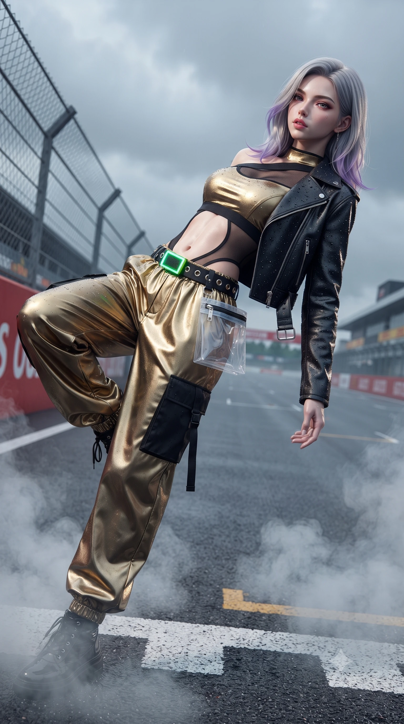 score_9, masterpiece, best quality, ultra-detailed, high-budget anime keyframe, editorial fashion photography, tasteful artistic composition, Caucasian woman. low angle full-body shot from head to toe showing her feet, filling the entire 9:16 vertical frame with her statuesque presence, stretching her vertical silhouette. reclining back languidly with one knee bent and spine arched in a breathtaking dancer line, commanding the entire 9:16 vertical frame while stepping forward with proud runway strides amidst rising tire smoke, her statuesque vertical presence commanding the frame. The surrounding environment is rendered in vivid detail and crisp panoramic clarity. crisp starting grid painted lines, rain droplet beads on leather jacket, and circuit fencing in deep focus. She has an absolutely perfect, statuesque 8.5-heads proportion, an exceptionally tall and slender model-like female figure with impossibly long slender legs, a toned flat midriff, and an ultra-slim waist. sharp v-shaped jawline, high-bridge nose, intricate jewel-like eyes with depth, thick eyelashes, glossy parted lips with a natural sheen, intensely captivating and seductive expression, flawlessly proportioned anatomical accuracy, strict slender model proportions, natural body alignment, perfectly sculpted long slender limbs, ultra-slim waistline, clean dynamic posture without body distortion. wearing an asymmetric single-sleeve moto crop top paired with baggy metallic parachute trousers and grommet belt in metallic liquid gold and obsidian black, made of stretchy athletic knit with sheer mesh cutout inserts, complemented by a neon LED belt buckle and translucent vinyl tool pouch, the precision-cut daring openings accentuating her delicate midriff, graceful bare collarbones, and ultra-slim feminine waistline. illuminated by crisp directional rim lighting sharply defining her razor-sharp jawline and feminine curves. ultra-reflective glossy finish, specular highlights, rich textural contrasts, high-contrast stereoscopic depth, volumetric dynamic lighting, 2k, ultra detail, master piece, 9:16 ratio
