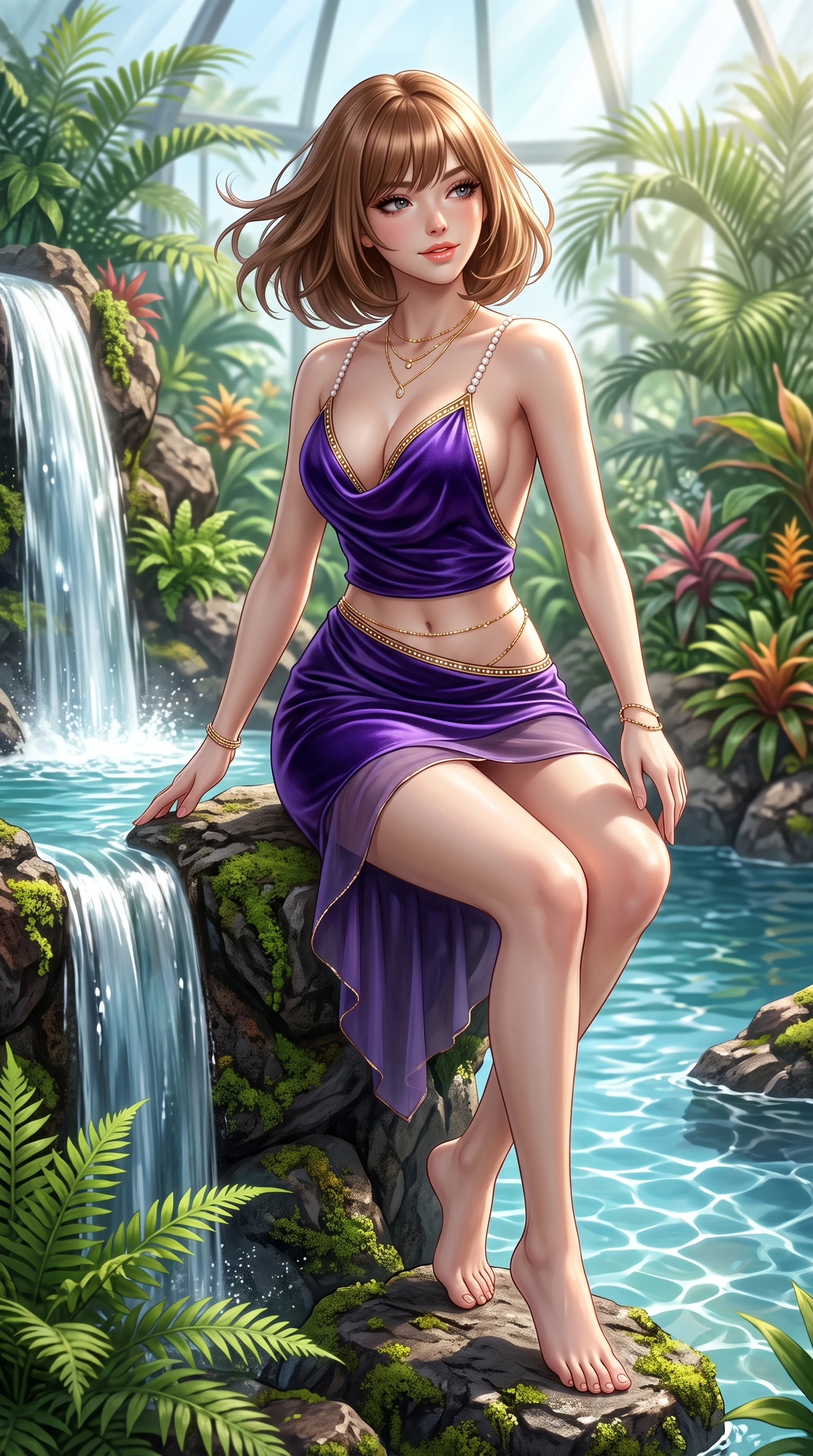 score_9, masterpiece, best quality, ultra-detailed, high-budget anime keyframe, semi-realistic 3D game render, editorial fashion photography, tasteful artistic composition, Caucasian woman. close-up cowboy shot from the waist and thighs up, the character dominates the composition, filling the frame with her large presence. turning slowly with an enchanting smoldering smile, her glossy hair tossing in the breeze as her hips angle gracefully in a captivating contrapposto while sitting perched on the mossy volcanic rock rim beside the falling water, arching her back with enchanting wet-look siren charm. The surrounding environment is rendered in vivid detail and crisp panoramic clarity: detailed sheer chiffon wrap dress cling, gold body jewelry shine, and exotic botanical display in high resolution. She has an exceptionally elegant, slender, and willowy female figure with an ultra-slim waist, flat toned midriff, narrow ribcage, and sculpted feminine hips creating an alluring, slim hourglass silhouette without bulk. sharp v-shaped jawline, high-bridge nose, sparkling eyes with hypnotic seductive depth, thick curled eyelashes, glossy parted lips with a natural dewy peach sheen, alluring bedroom-eyes with an enchanting coquettish smile, exuding magnetic siren charisma and sophisticated glamour, flawlessly proportioned anatomical accuracy, strict slender model proportions, natural body alignment, perfectly sculpted long slender limbs, ultra-slim waistline, clean dynamic posture without body distortion. wearing a low-cut draped cowl-back satin slip mini dress with dainty pearl spaghetti straps and hip-hugging cut in high-roller royal purple velvet and gilded bronze with crystal trims, tailored from fine breathable linen with soft natural texture and elegant drape, accented with a dainty gold belly chain resting across her flat midriff and curving hips, the glove-like clinging cut tightly following the natural contour of her hips and long slender legs with youthful 8.5-heads elegance. bathed in diffused tropical greenhouse sunlight mixed with pool water caustic bounce. highly saturated vibrant anime colors, detailed shading with soft gradients, rich glossy textures, high-contrast stereoscopic depth, volumetric dynamic lighting, master piece, 9:16 ratio