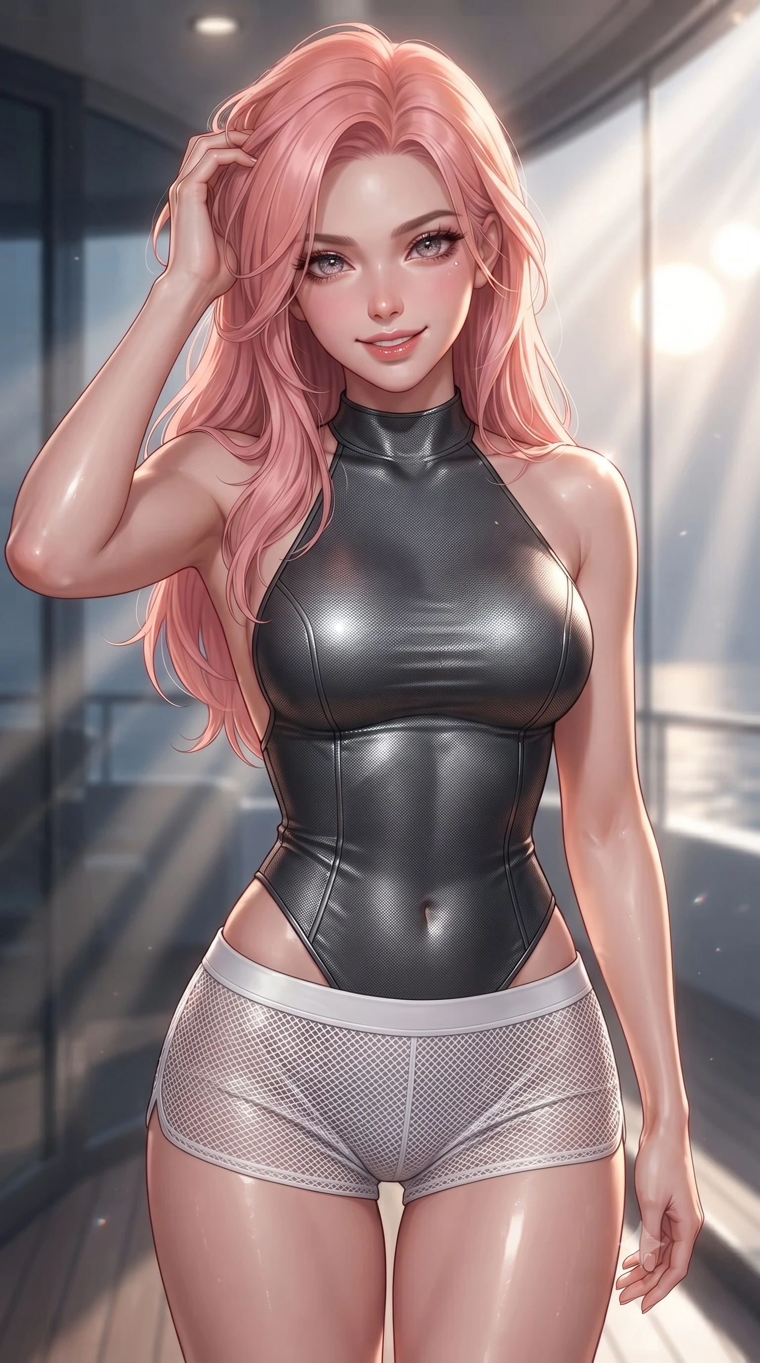 score_9, masterpiece, best quality, ultra-detailed, high-budget anime keyframe, editorial fashion photography, tasteful artistic composition, Japanese woman. close-up cowboy shot from the waist and thighs up, the character dominates the composition, filling the frame with her large presence, background elements kept in soft focus. slowly running a hand through her hair, smiling with quiet, magnetic self-assurance directly into the camera, the background shows a soft-focus a yacht observation deck with glass panels showing a binary sun system. She has an exceptionally elegant, slender, and willowy female figure with an ultra-slim waist, a gracefully sculpted slender torso, and a refined silhouette. sharp v-shaped jawline, high-bridge nose, intricate jewel-like eyes with depth, thick eyelashes, glossy lips with a natural sheen. wearing a form-contouring backless combat halter top in charcoal grey, paired with white carbon-mesh micro-shorts. volumetric sunbeams slicing through glass panels, creating dramatic light rays. ultra-reflective glossy finish, specular highlights, metallic sheen, high-contrast stereoscopic depth, volumetric dynamic lighting, 2k, ultra detail, master piece, 9:16 ratio