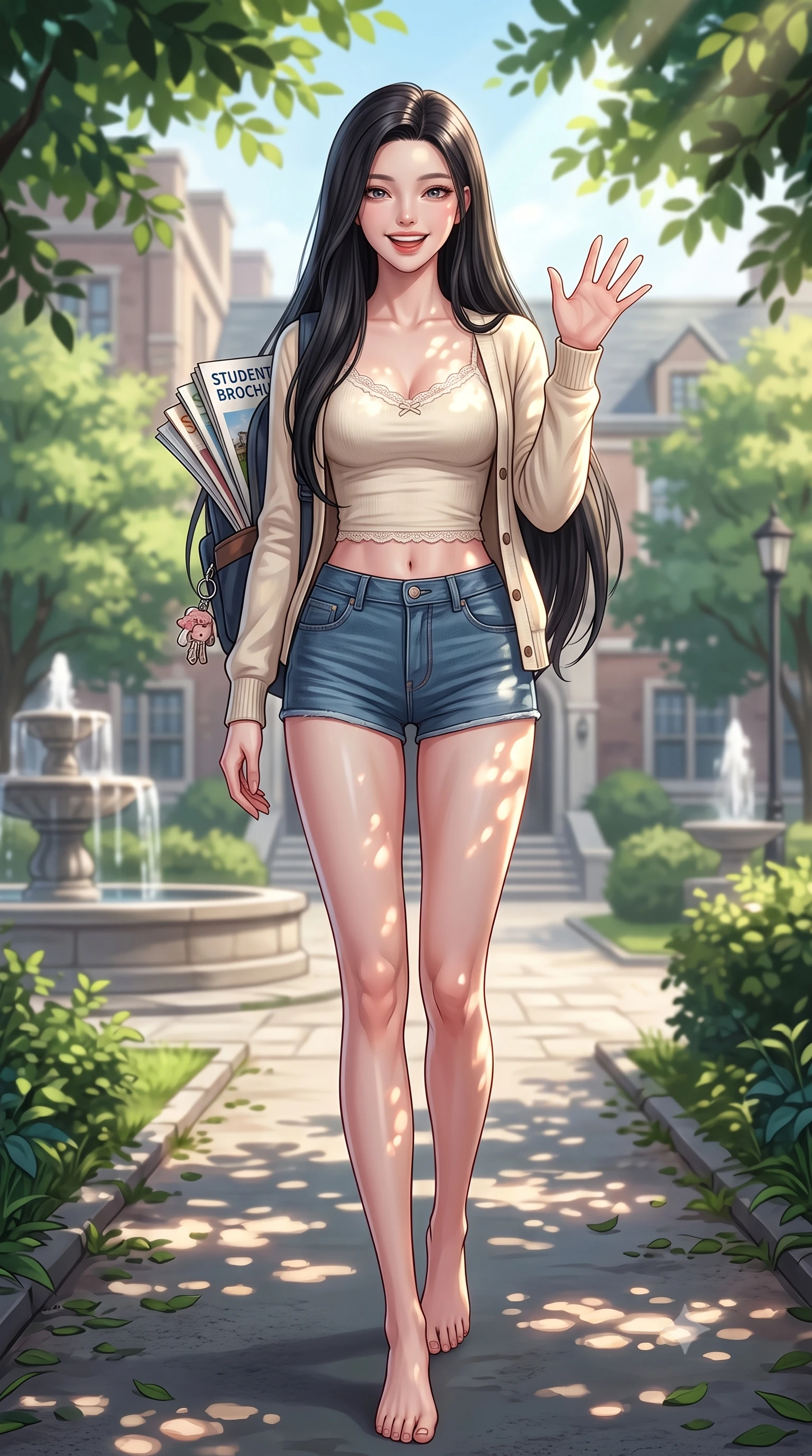 score_9, masterpiece, best quality, ultra-detailed, high-budget anime keyframe, editorial fashion photography, tasteful artistic composition, Korean woman. low angle full-body shot from head to toe showing her feet, filling the entire 9:16 vertical frame with her statuesque presence, stretching her vertical silhouette. stepping forward with a bright, cheerful smile, waving happily at the viewer set against a soft-focus background of walking down a leafy pathway of a quiet university garden with stone fountains with a pile of student brochures and a cute key ring on her backpack. She has an absolutely perfect, statuesque 8.5-heads proportion, an exceptionally tall and slender model-like female figure with impossibly long slender legs and an ultra-slim waist. sharp v-shaped jawline, high-bridge nose, intricate jewel-like eyes with depth, thick eyelashes, glossy lips with a natural sheen. wearing slim-fit delicate lace-trim crop top in cream, worn under an open preppy cardigan and denim shorts. dappled sunlight creating beautiful light patterns on her skin and the ground. highly saturated vibrant anime colors, detailed shading with soft gradients, rich glossy textures, high-contrast stereoscopic depth, volumetric dynamic lighting, master piece, 9:16 ratio