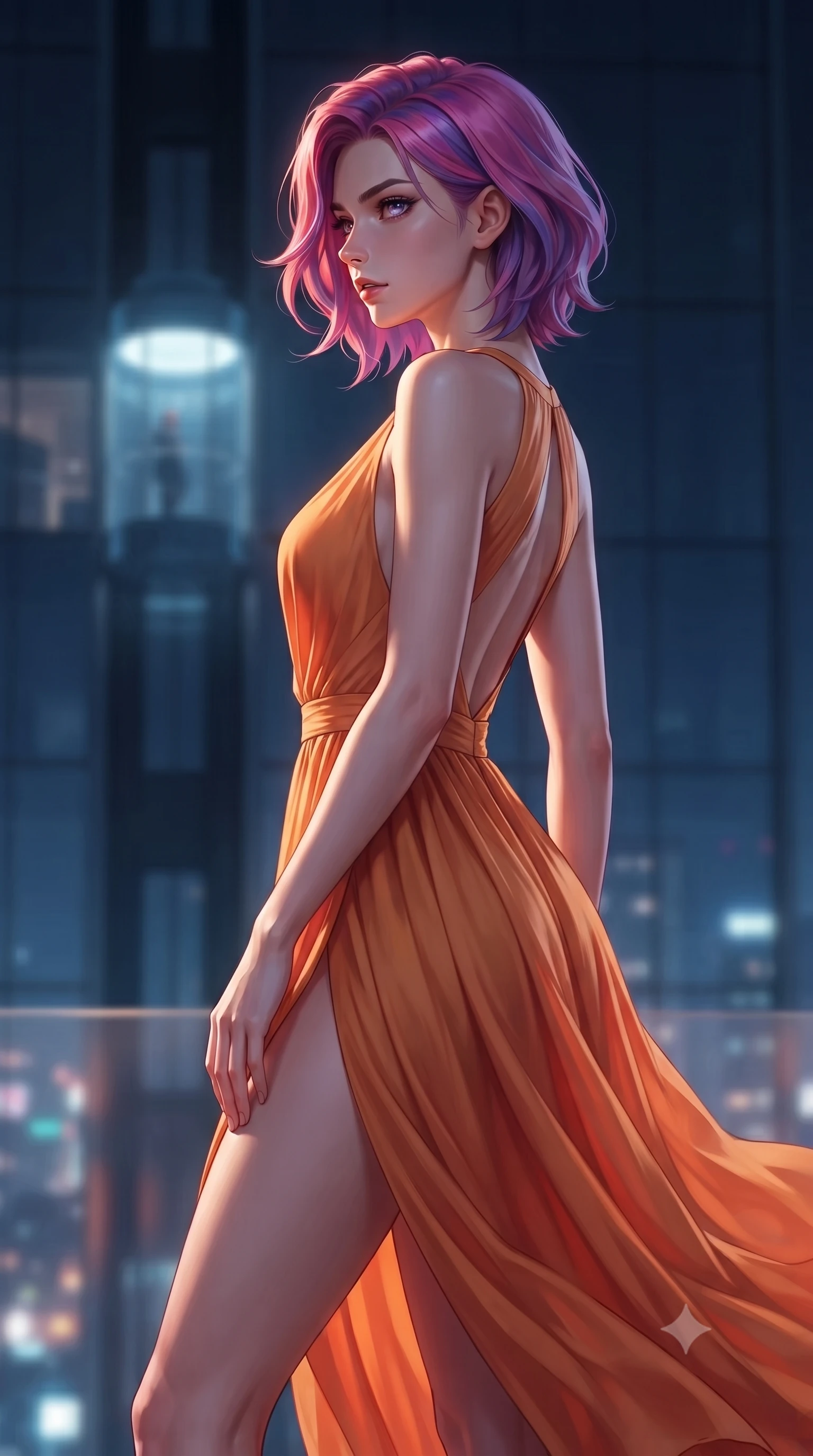 score_9, masterpiece, best quality, ultra-detailed, high-budget anime keyframe, editorial fashion photography, tasteful artistic composition, Caucasian woman. close-up cowboy shot from the waist and thighs up, the character dominates the composition, filling the frame with her large presence, background elements kept in soft focus. turning her face in sharp profile, casting a cold, mysterious, yet intensely alluring side gaze, the background shows a soft-focus a minimalist glass elevator ascending the exterior facade of a 100-story tower at night. She has an exceptionally elegant, slender, and willowy female figure with an ultra-slim waist, a gracefully sculpted slender torso, and a refined silhouette. sharp v-shaped jawline, high-bridge nose, intricate jewel-like eyes with depth, thick eyelashes, glossy lips with a natural sheen. wearing a tailored high-slit resort gown in sunset orange chiffon, featuring a daring thigh-slit and open back. dramatic uplighting from the glowing city below tracing her slender build. highly saturated vibrant anime colors, detailed shading with soft gradients, rich glossy textures, high-contrast stereoscopic depth, volumetric dynamic lighting, master piece, 9:16 ratio