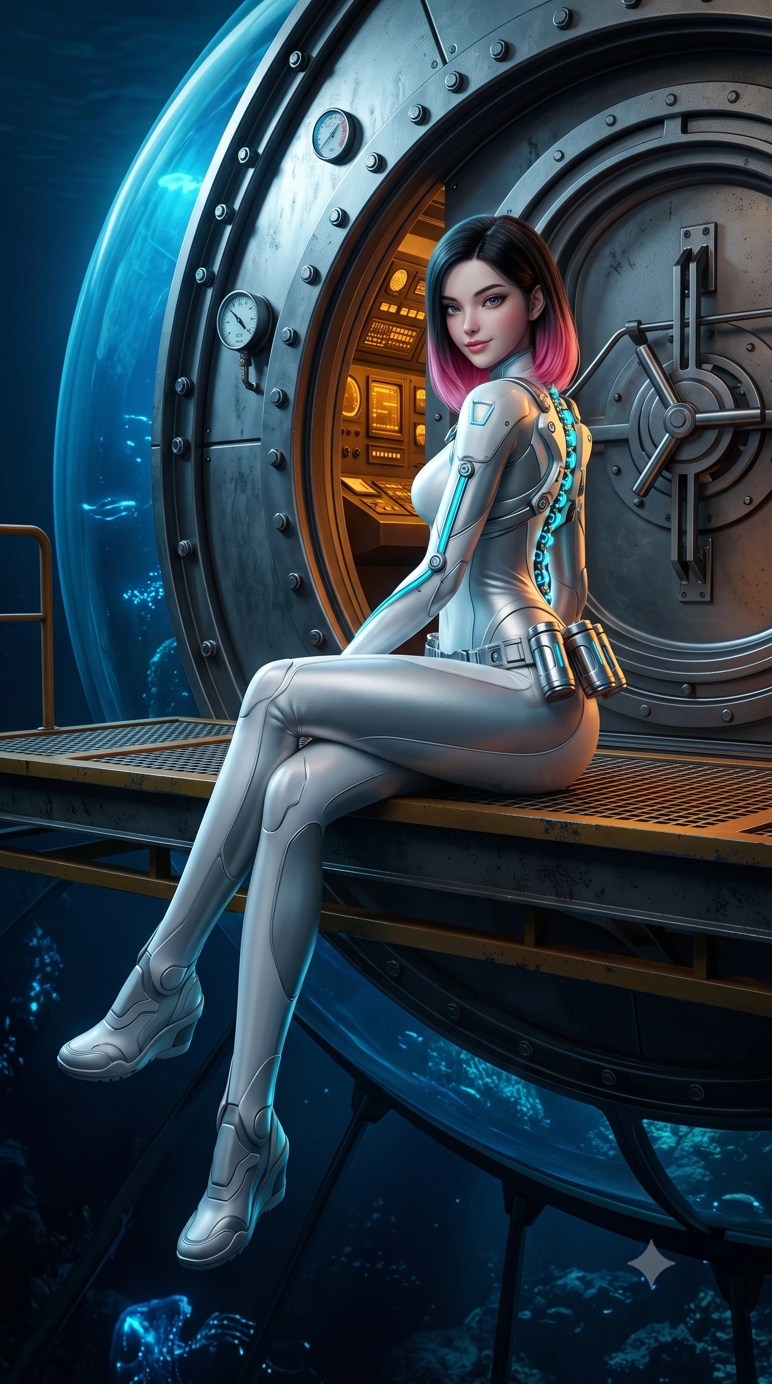 score_9, masterpiece, best quality, ultra-detailed, high-budget anime keyframe, semi-realistic 3D game render, editorial fashion photography, tasteful artistic composition, Korean woman. low angle full-body shot from head to toe showing her feet, filling the entire 9:16 vertical frame with her statuesque presence, stretching her vertical silhouette. sitting perched on the elevated maintenance gantry edge with legs crossed and hips angled toward the camera, displaying her toned midriff and long slender limbs with joyful, coquettish charm while leaning against the reinforced titanium viewing bulkhead with hips cocked back, casting an alluring bedroom-gaze through dark ocean currents. The surrounding environment is rendered in vivid detail and crisp panoramic clarity: sharp acrylic dome bolt rings, pressure gauge dials, and heavy titanium bulkhead hatch textures in deep focus. She has an absolutely perfect, statuesque 8.5-heads proportion, an exceptionally tall and slender model-like female figure with impossibly long slender legs, an ultra-slim waist, a flat toned midriff, narrow delicate ribcage, and beautifully sculpted feminine hips creating a graceful, slim hourglass silhouette without any bulky heaviness. sharp v-shaped jawline, high-bridge nose, intricate jewel-like sparkling eyes with depth, thick eyelashes, glossy parted lips with a natural sheen, bright confident smile with an enchanting and coquettish sensual glint, exuding both youthful magnetic charm and sovereign high-tech allure, flawlessly proportioned anatomical accuracy, strict slender model proportions, natural body alignment, perfectly sculpted long slender limbs, ultra-slim waistline, clean dynamic posture without body distortion. wearing a form-contouring exo-suit chassis with glowing cyan hydraulic spine braces worn over an ultra-slim bodysuit in pure alabaster white and brushed silver accents, formed from supple thermal silicone composite adhering seamlessly like a second skin, accented with a sleek utility belt with polished magnetic canisters resting loosely on her curvy hips, the liquid-tight tailored fabric clinging flawlessly to her narrow waist and rounded feminine hips, emphasizing every millimeter of her sculpted slim hourglass curves without any bulky heaviness. bathed in eerie deep-sea sapphire bioluminescence and warm interior instrument glow. highly saturated vibrant anime colors, detailed shading with soft gradients, rich glossy textures, high-contrast stereoscopic depth, volumetric dynamic lighting, master piece, 9:16 ratio